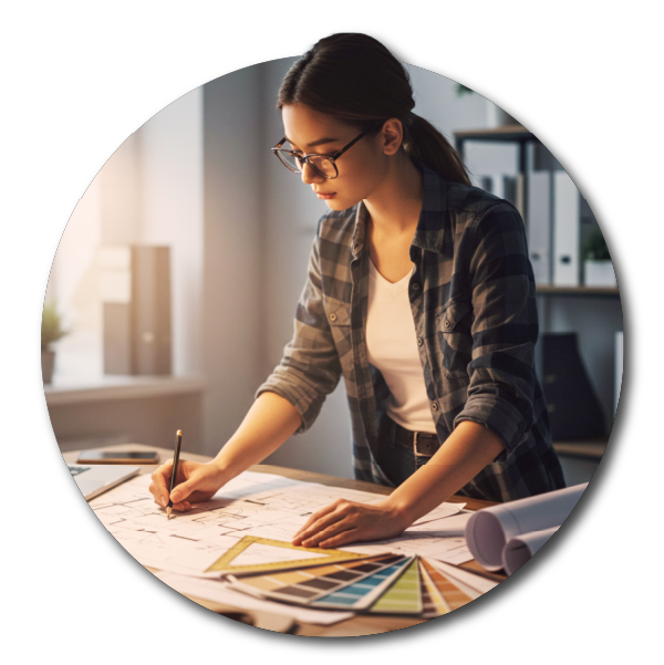 A designer wearing glasses and a plaid shirt working on design plans at a desk with color swatches and architectural drawings in a home office. This is a scene showing a freelance interior designer working on a project.