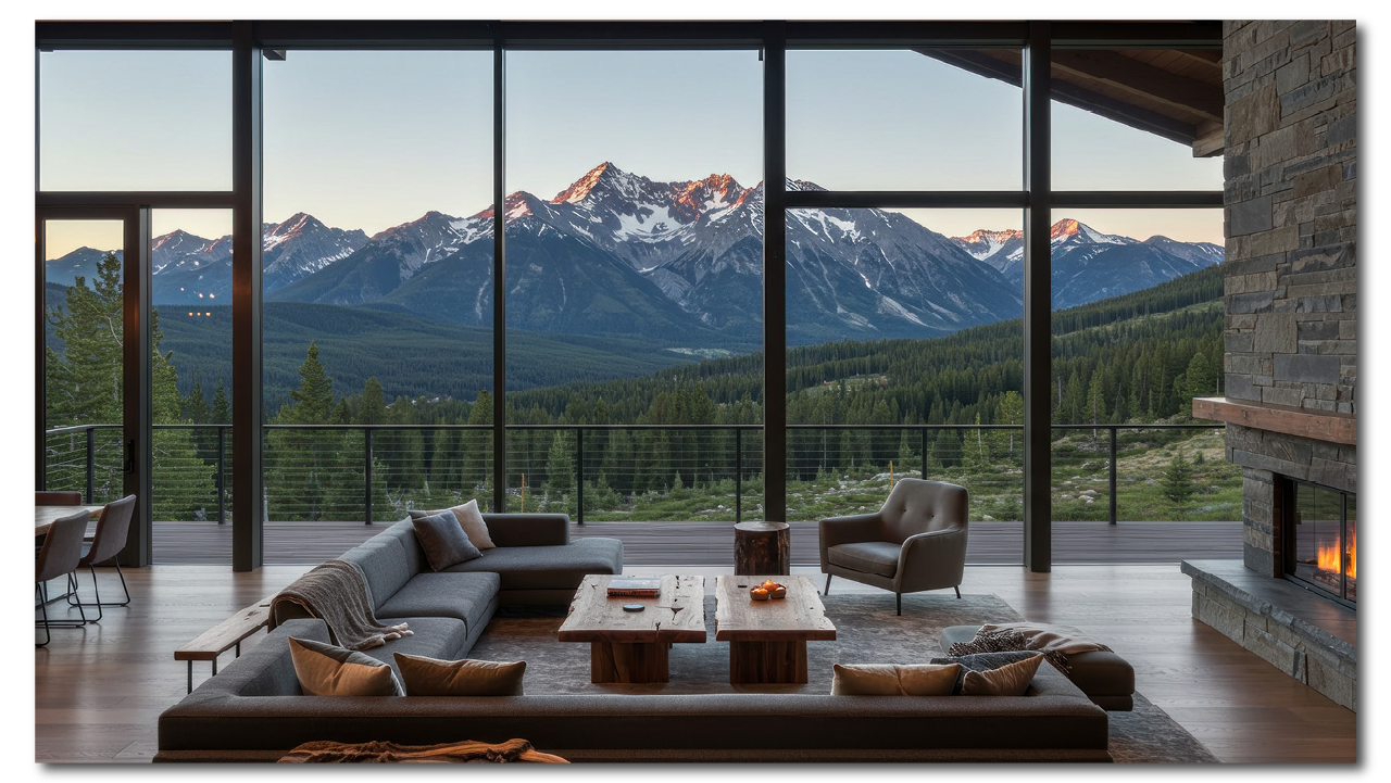 Destination hotel public area with large floor-to-ceiling windows overlooking a mountain range with snow-capped peaks, lush green forests, and a clear sky at sunset. The room has a gray sectional sofa, a single armchair, a wooden coffee table.
