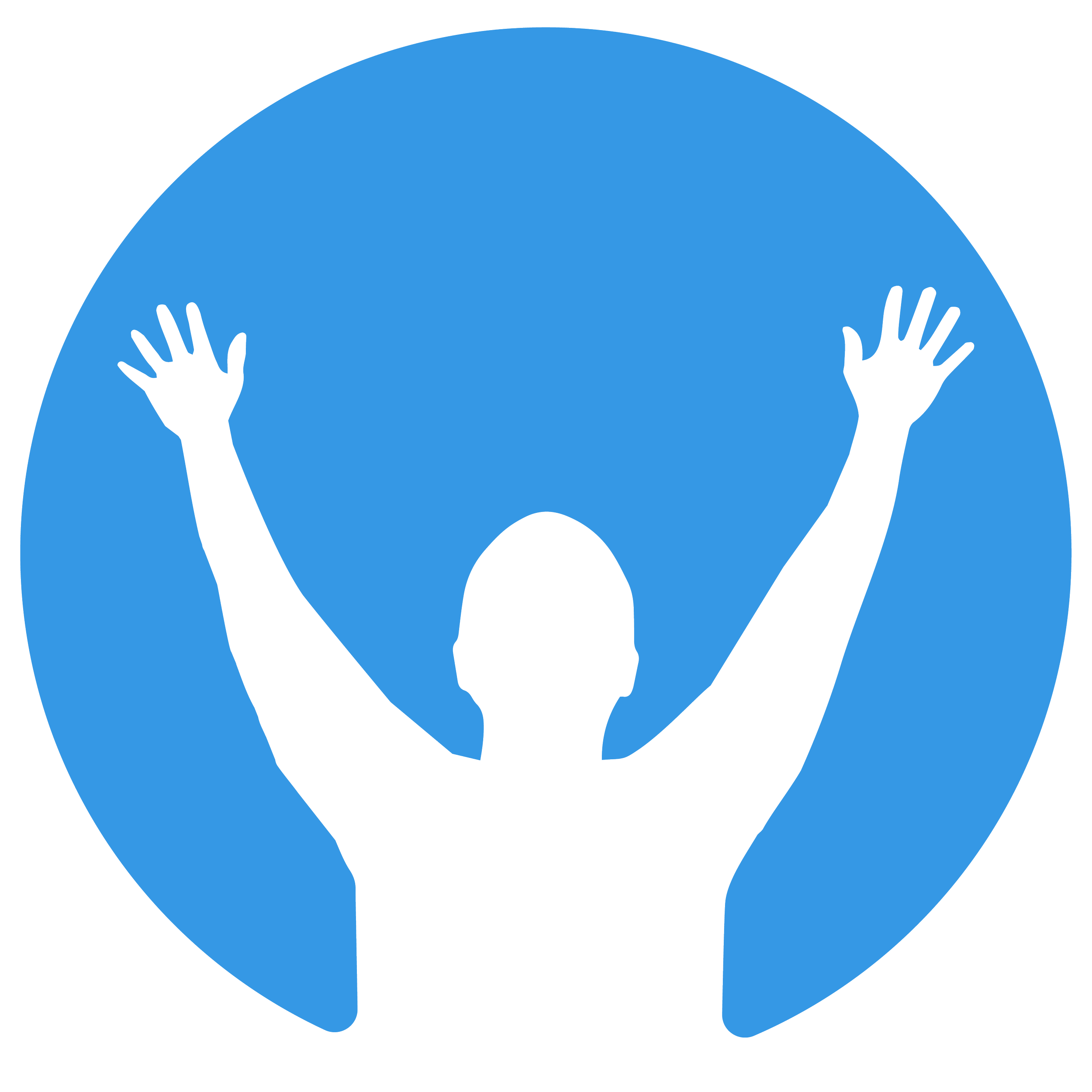 Silhouette of a person with arms raised inside a blue circle, representing a person with a speech bubble.
