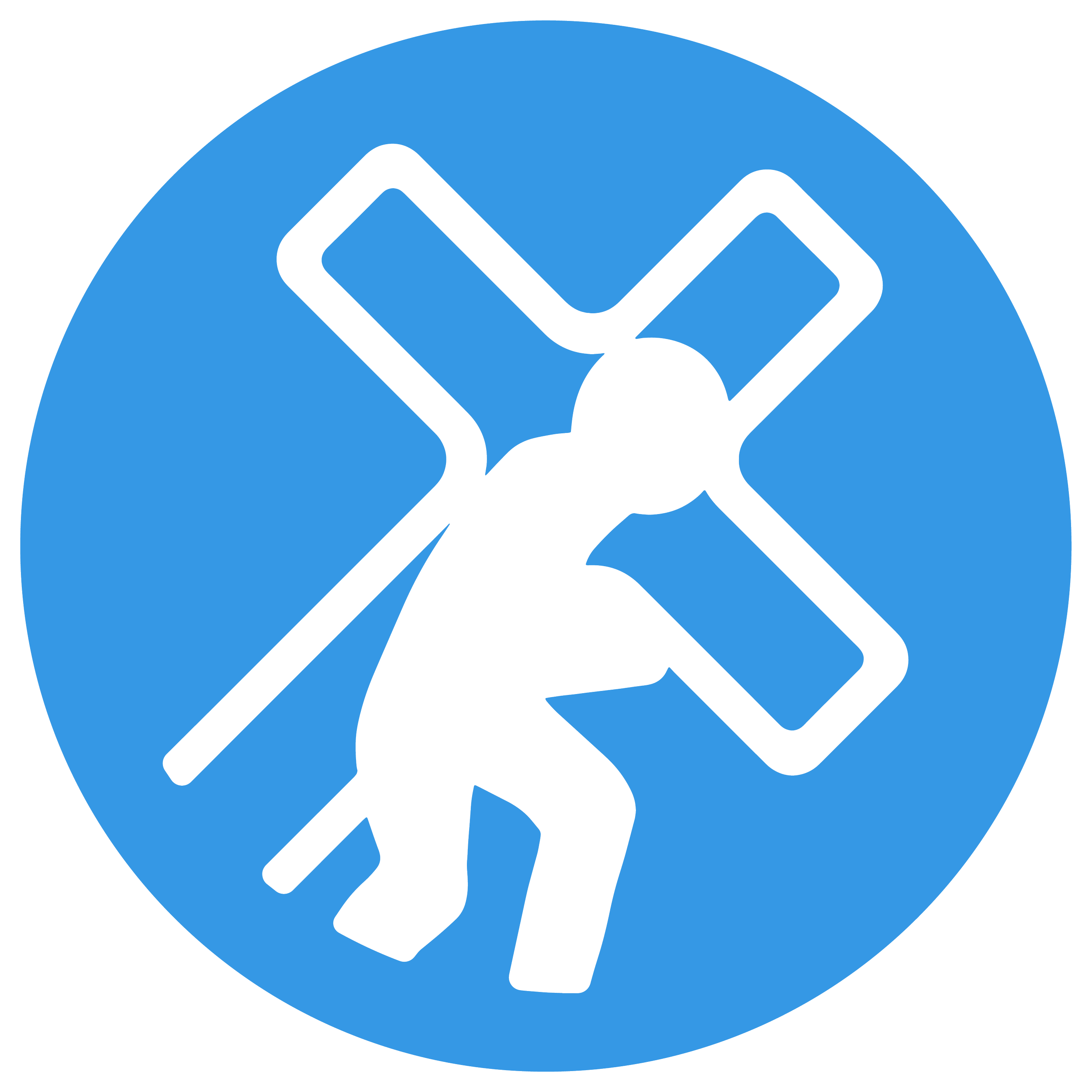 Black silhouette of a person carrying a large wind turbine blade across a blue circular background.