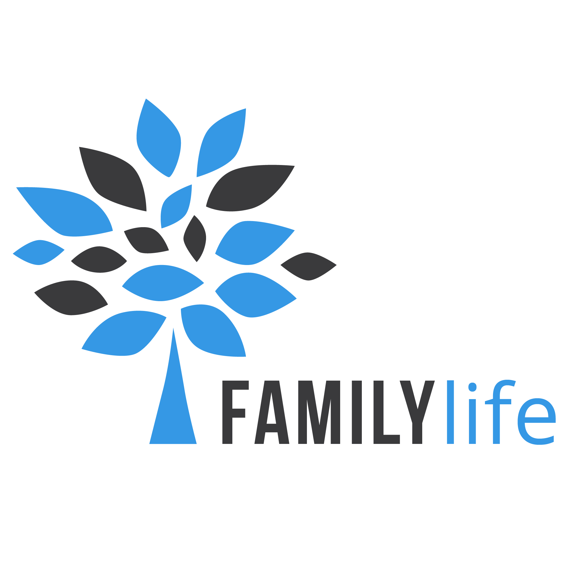 A stylized tree with black and blue leaves and a blue trunk, alongside the text 'FAMILY life' with 'FAMILY' in black and 'life' in blue.