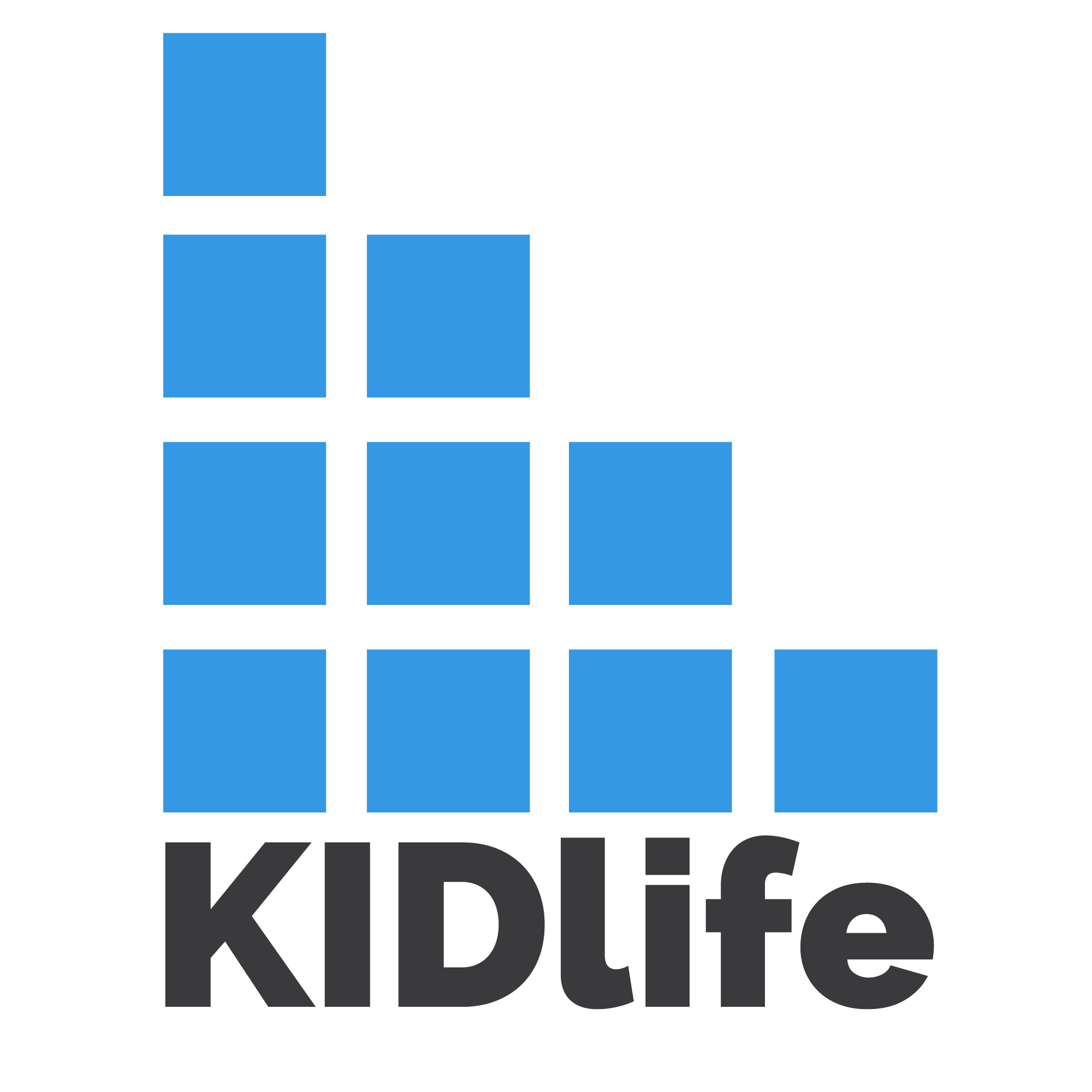 Logo with a stylized ascending bar chart in blue, with the text 'KIDlife' in bold black letters below.