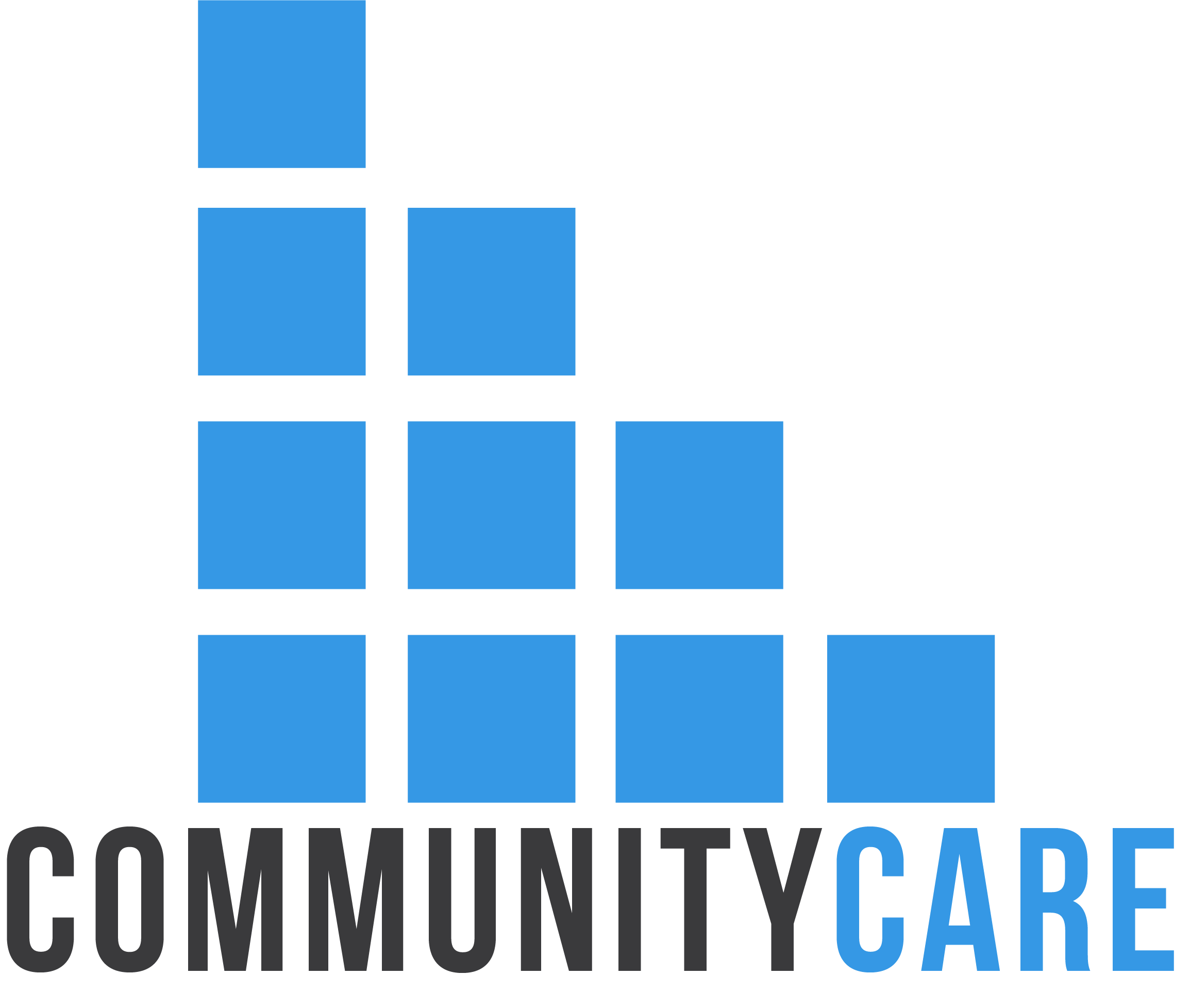 Logo for Community Care featuring a stylized downward arrow formed by blue squares and the words "COMMUNITY CARE" beneath in black and blue text.