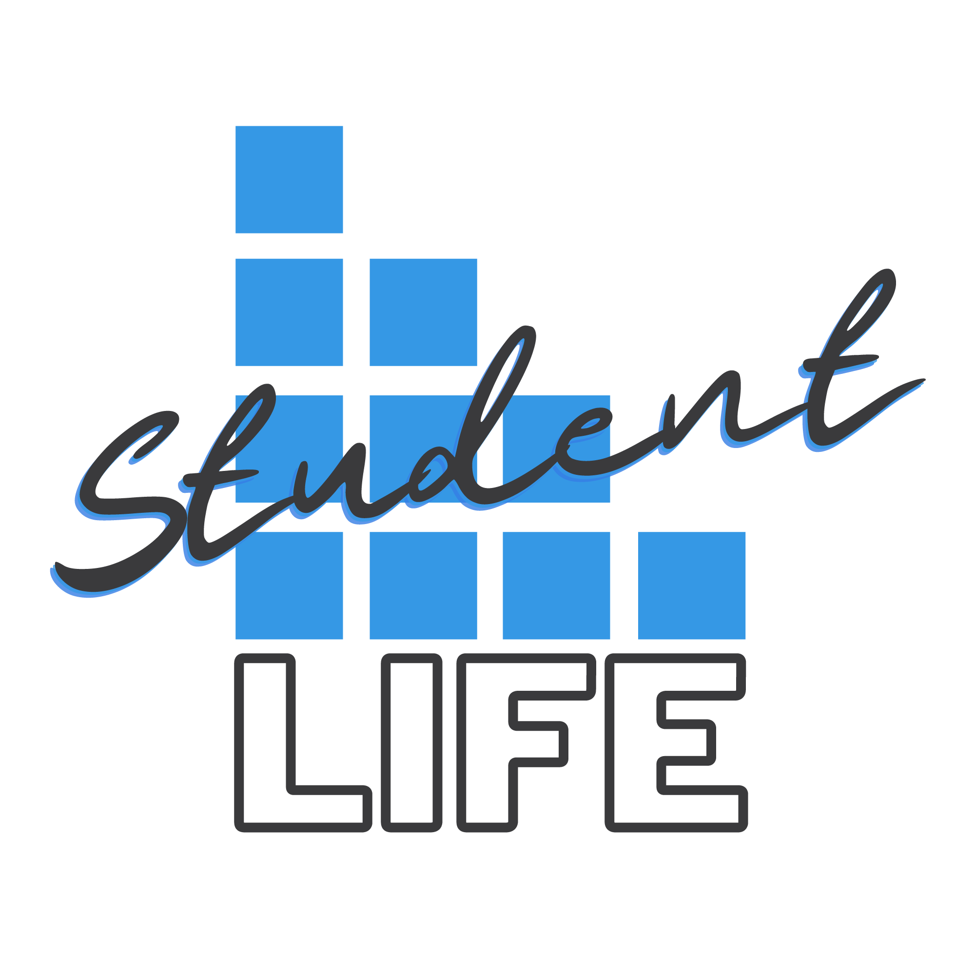 A black background with a blue and black bar chart, the word "student" written across it in cursive, and the word "LIFE" below in block letters.