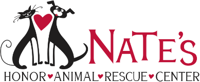 Logo of Nate's Honor Animal Rescue Center with a black cat and dog silhouette and a red heart.