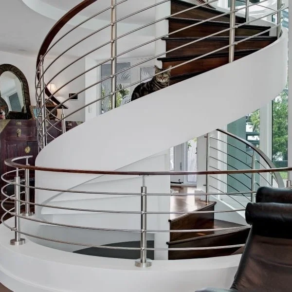 Curved luxury staircase railing with cat