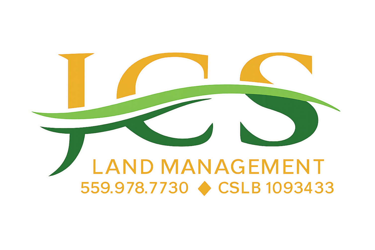 Logo for JCS Land Management with green and orange text, phone number 559.978.7730, and license number CS LB 1093433.