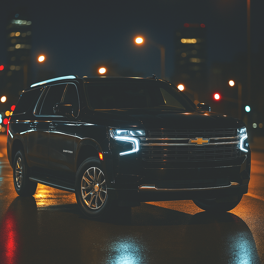 A black Chevrolet SUV parked on a wet city street at night, with blurred city lights and buildings in the background.