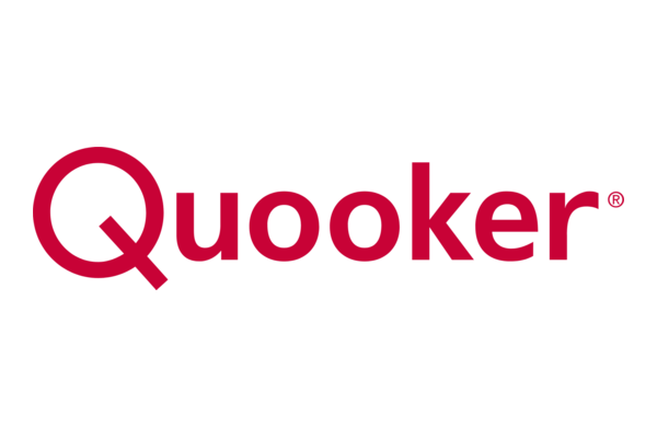 Logo med ordet 'Quoker' i mørk rød skrifttype på hvid baggrund.