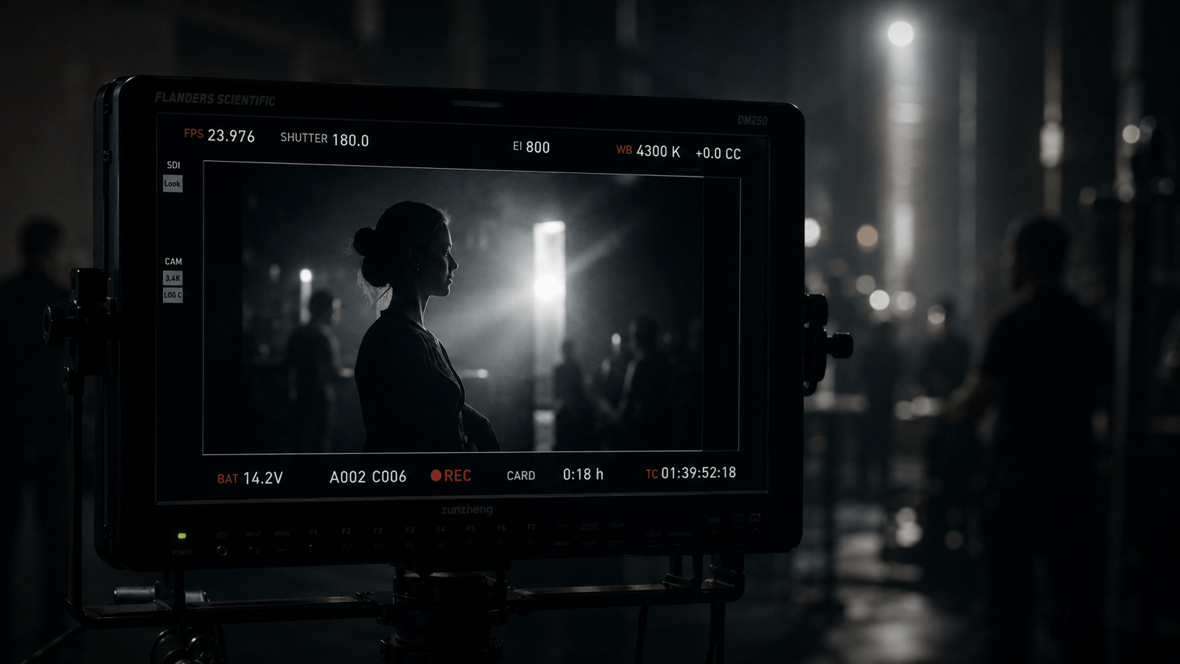 Una mujer en silueta observando a través de una pantalla de cámara en una grabación o sesión de filmación en un entorno oscuro y con poca iluminación.