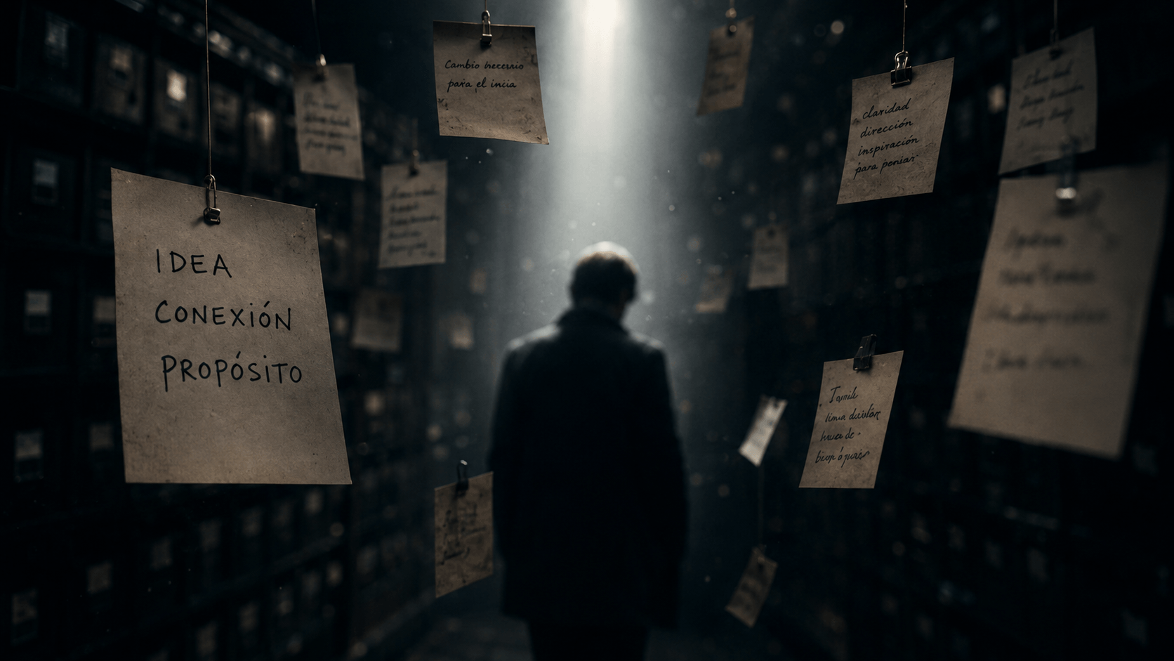Persona observando notas colgadas en un espacio oscuro, con una luz que ilumina el centro y destaca una nota que dice 'Idea, Conexión, Propósito'.