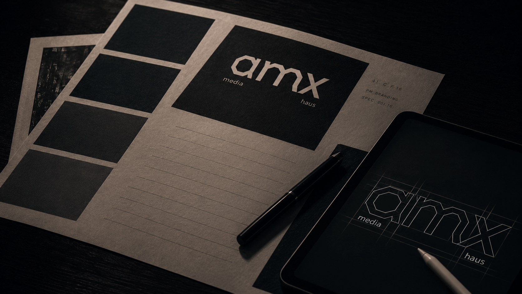 Dossier con el logotipo de 'amx media haus', un bolígrafo negro, una tableta con diseño técnico y el mismo logotipo, y algunas hojas con el mismo logotipo sobre una mesa de madera oscura.