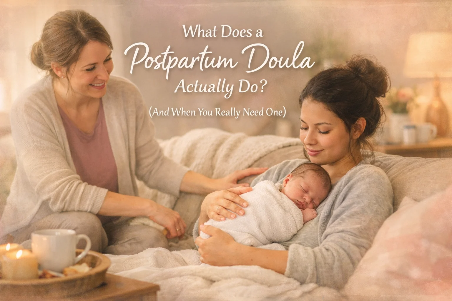 What Does a Postpartum Doula Actually Do? Blog post hero image featuring mother and newborn baby
