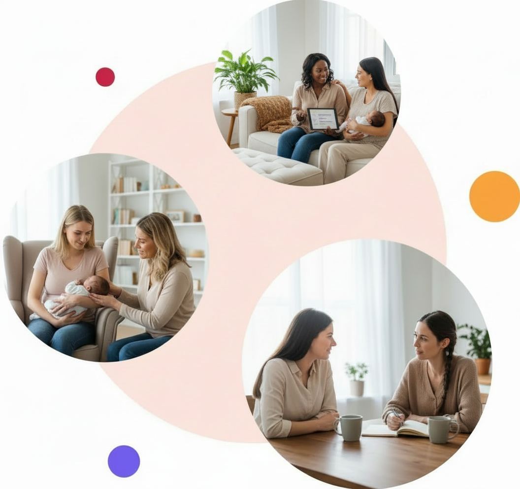 Three separate scenes of women engaging in conversations and caring for a baby in different settings.