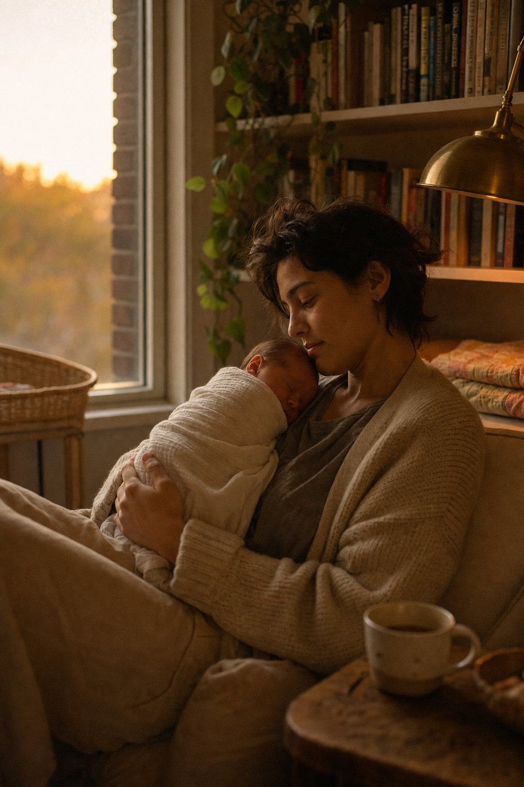 A new parent in a softly lit room before dawn, holding a swaddled newborn close to their chest near a warm-toned window — calm, tender, real.
