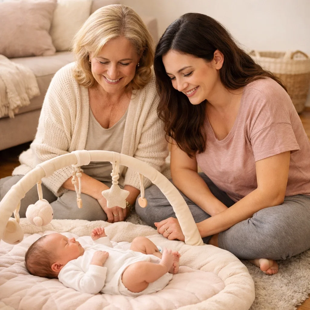 Postpartum doula and mother bonding with newborn baby during home support visit in Toronto