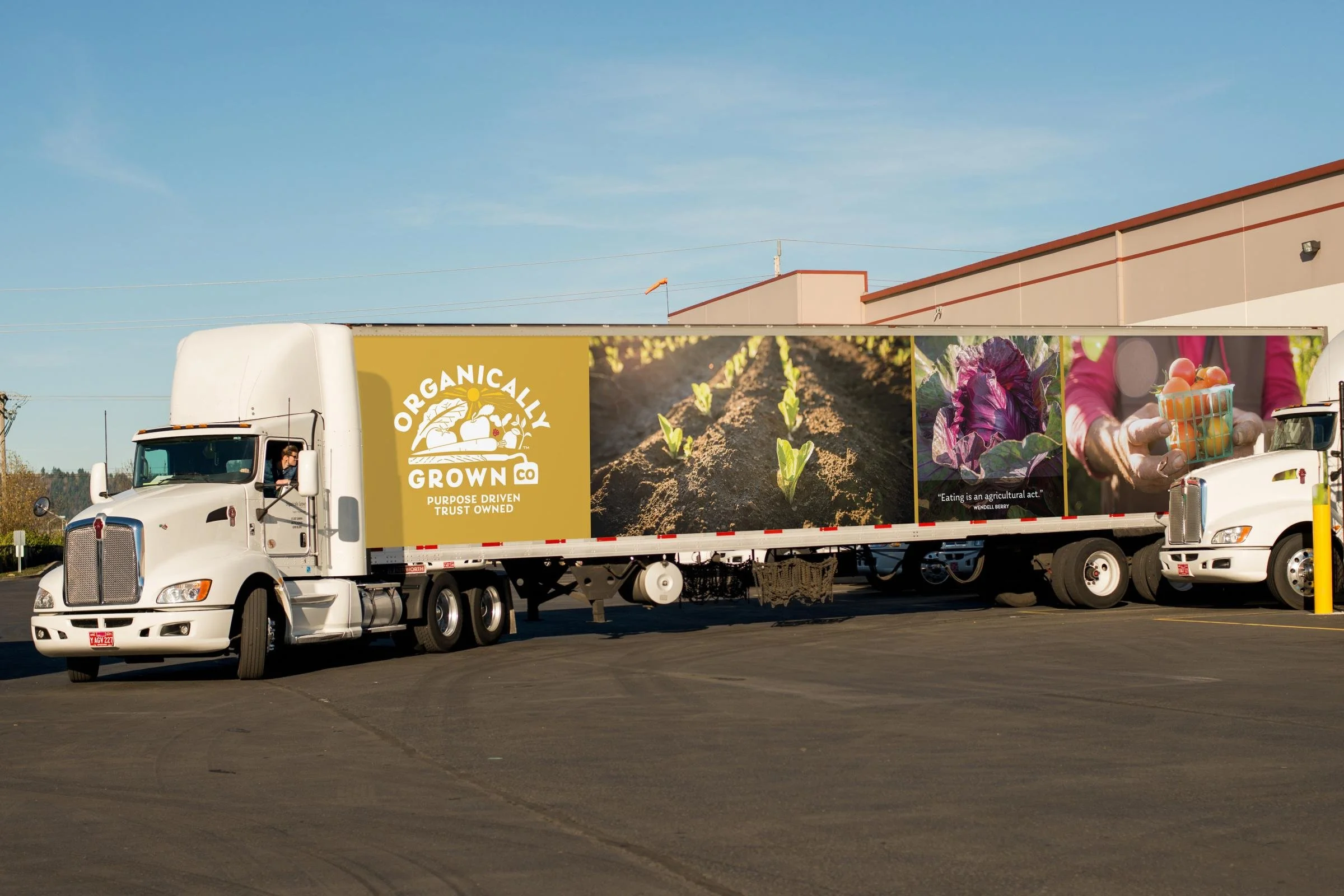 A semi-truck with a billboard advertising organic produce, featuring images of growing vegetables, a head of purple cabbage, and a person holding a basket of tomatoes.