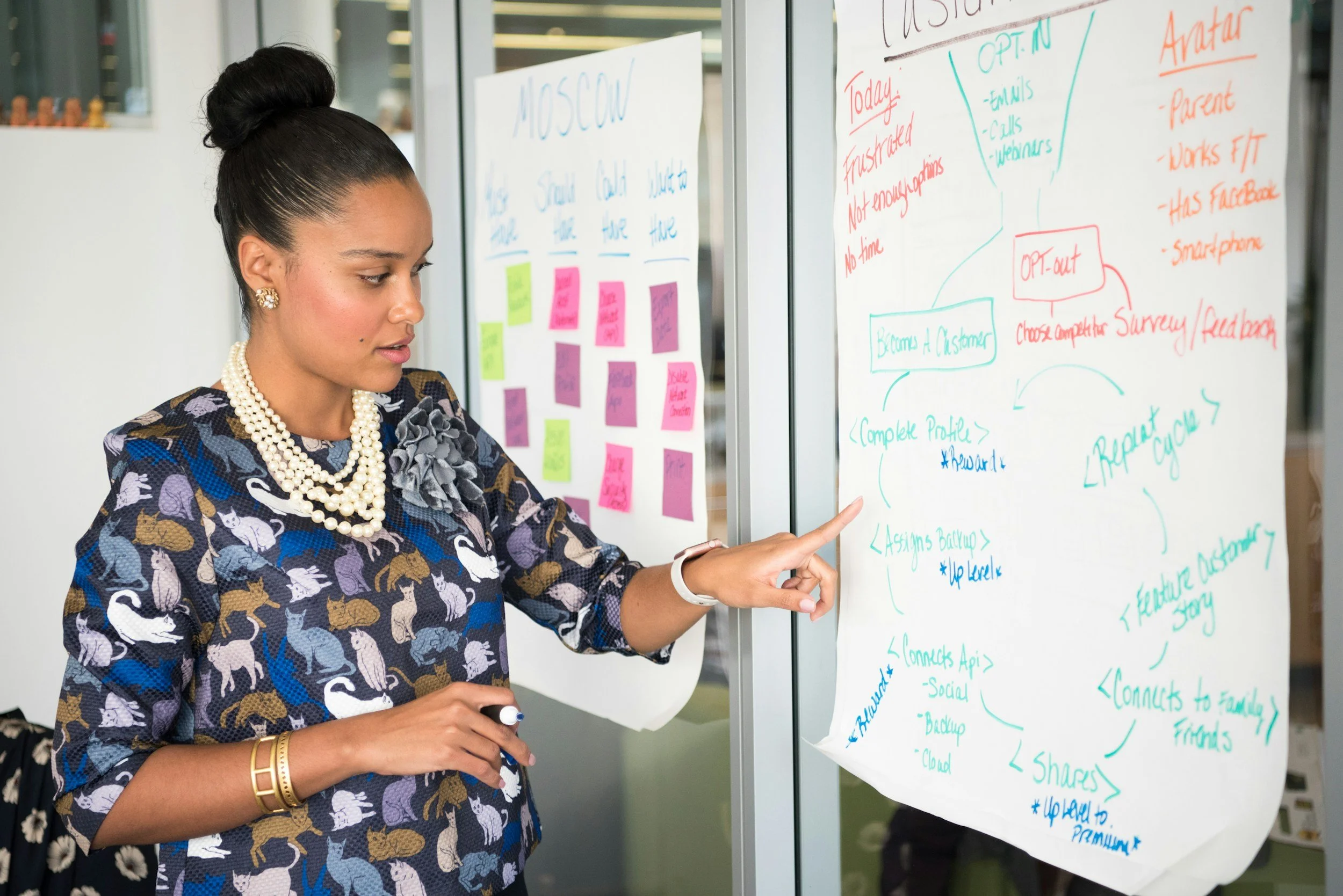 A woman with dark hair styled in a bun is writing on a large whiteboard filled with colorful handwritten notes and diagrams. She is wearing a patterned blouse with swans and pearls, and has gold earrings and bracelets.