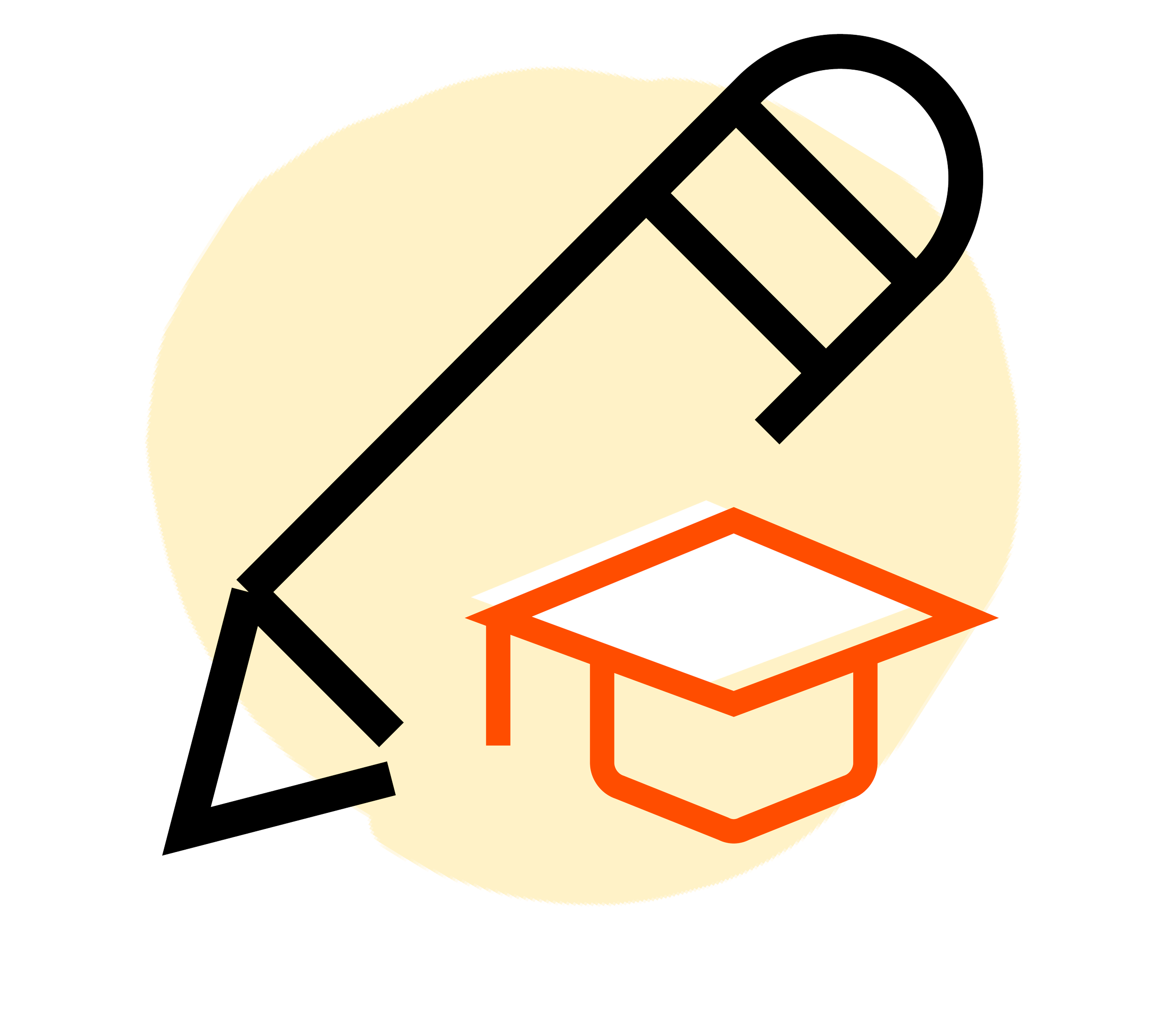 A yellow circle with a black pencil icon and a red and white graduation cap icon in front of it.