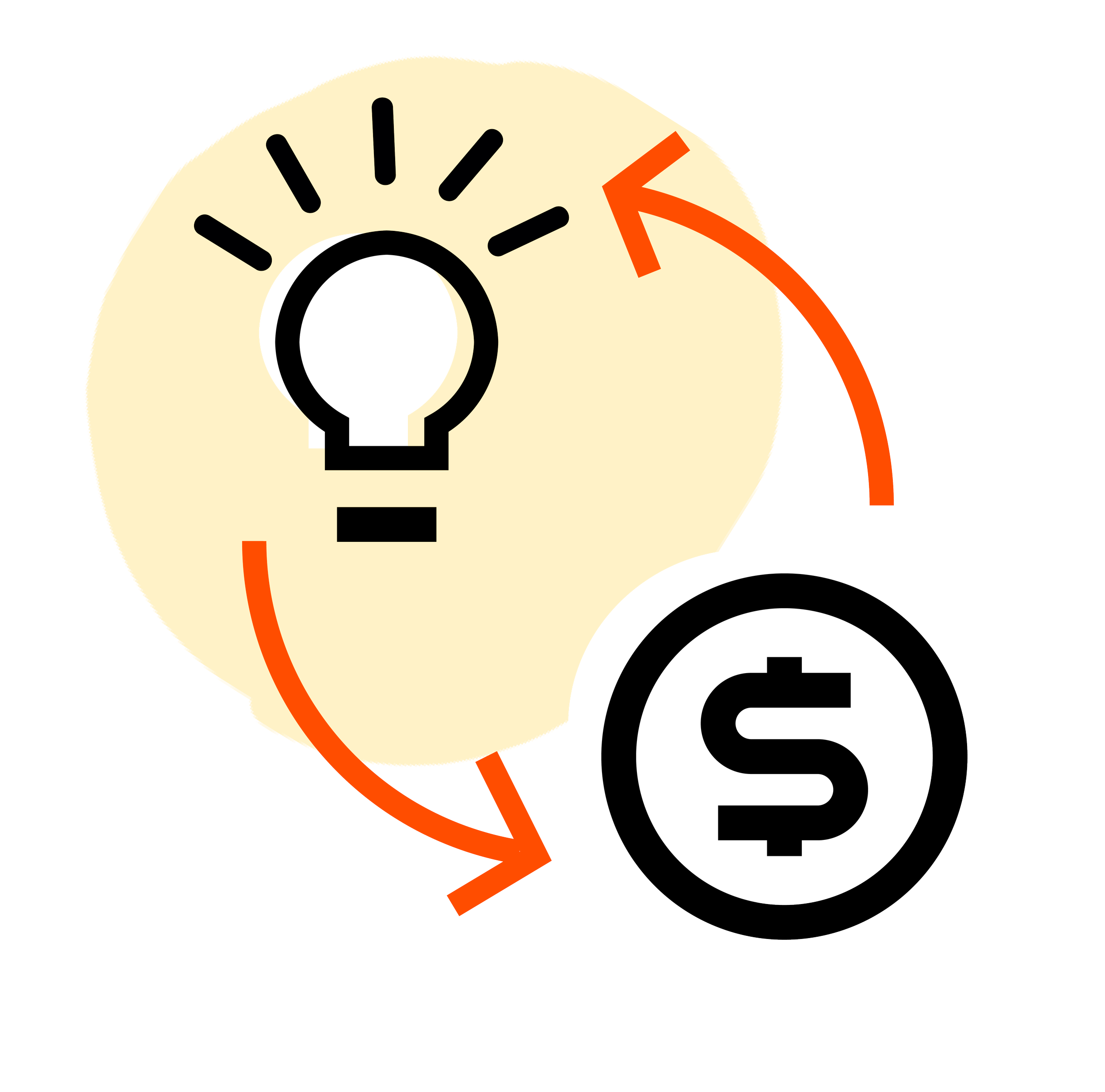 A light bulb with yellow background, two red arrows indicating a cycle, and a dollar sign coin, representing the concept of turning ideas into money.