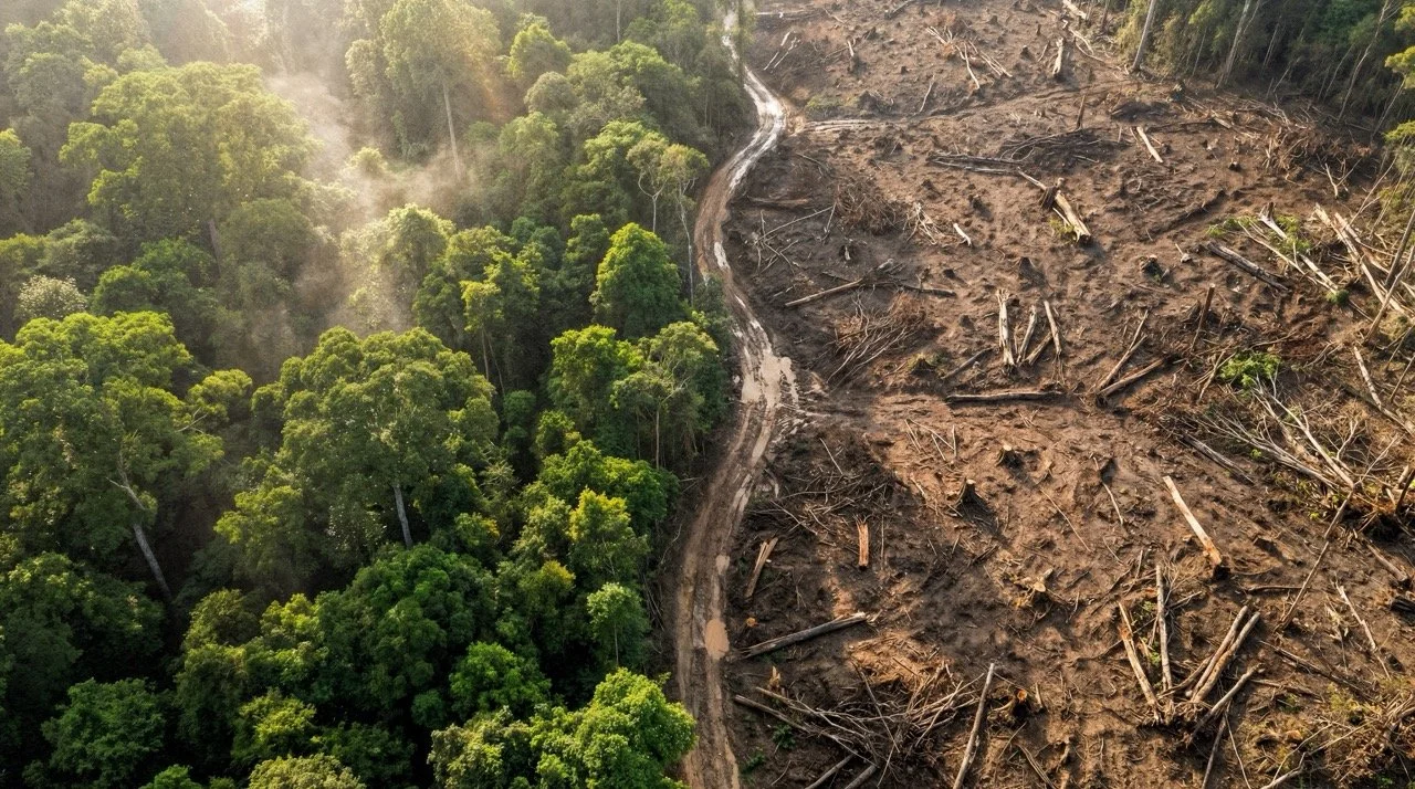 An aerial view of a deforested area on the right with tree stumps and logs, contrasting with a lush green forest on the left, showing the environmental impact of logging or land clearing.