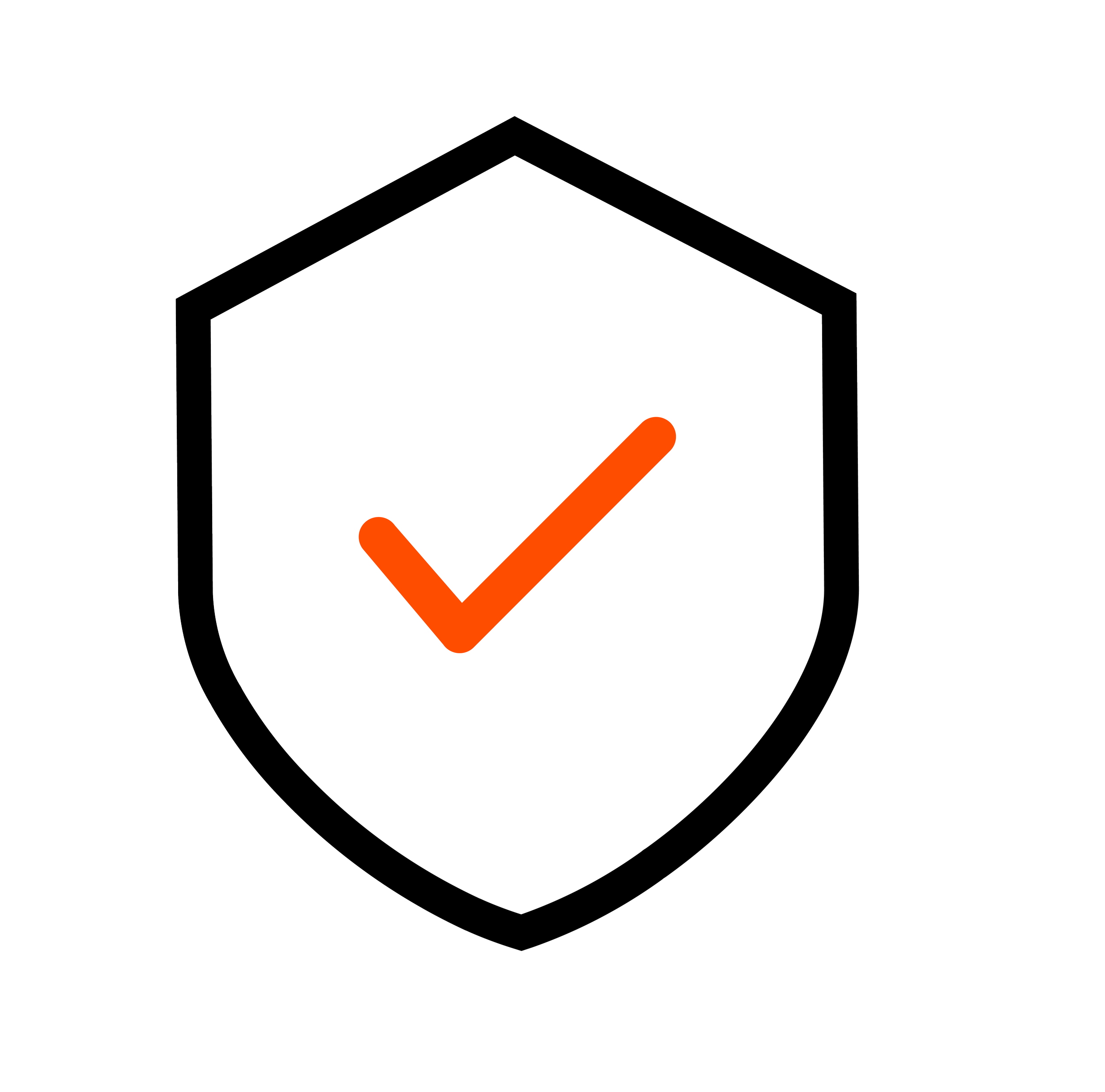 A shield with a white background and a black outline, featuring an orange check mark in the center.
