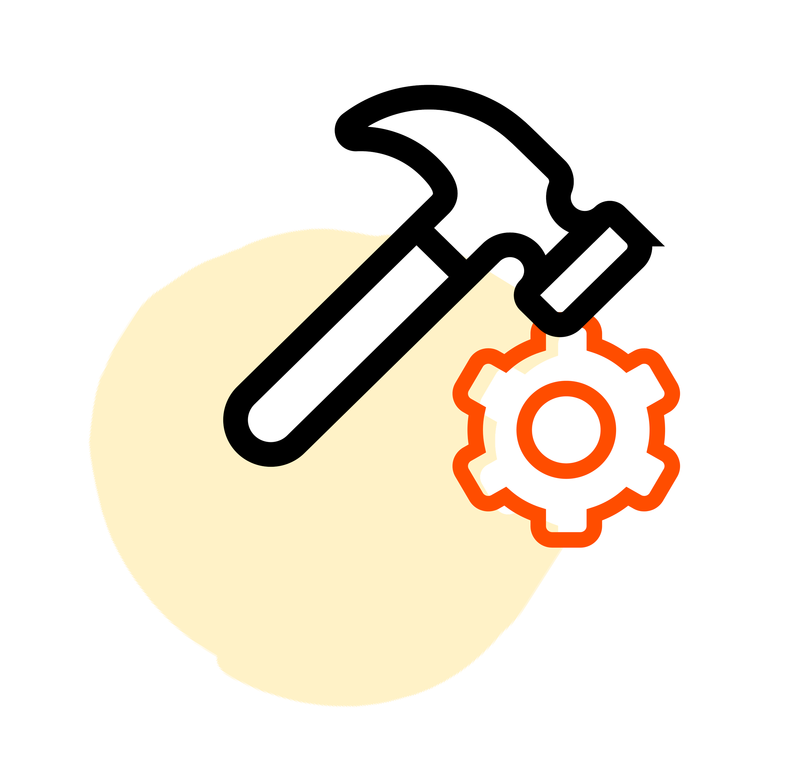 Graphic of a hammer and gear over a yellow circle, symbolizing tools or technical work.