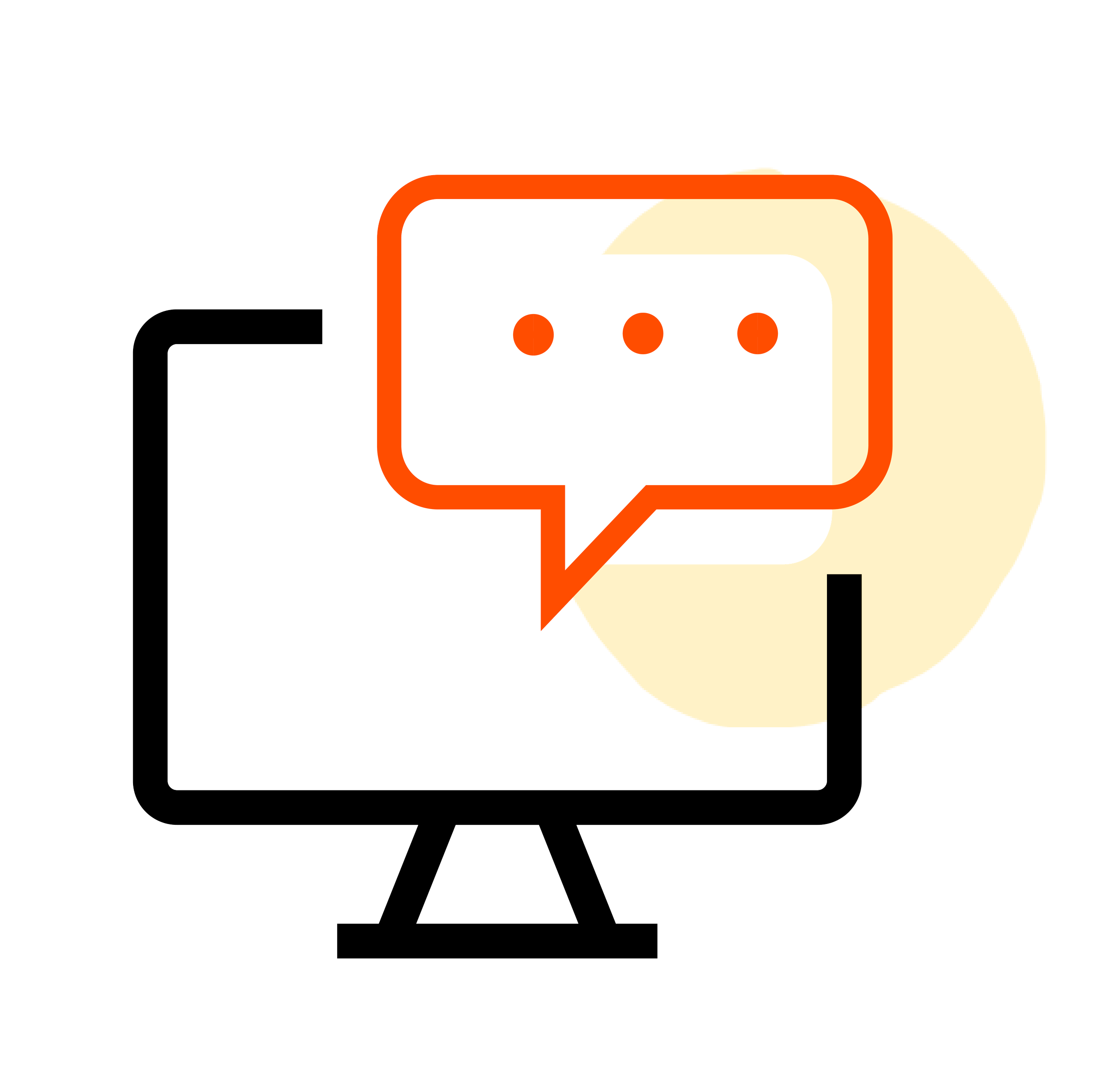 Icon of a computer monitor with chat bubbles emerging from it, one chat bubble outlined in red with three dots inside, and a large yellow circle behind the monitor.