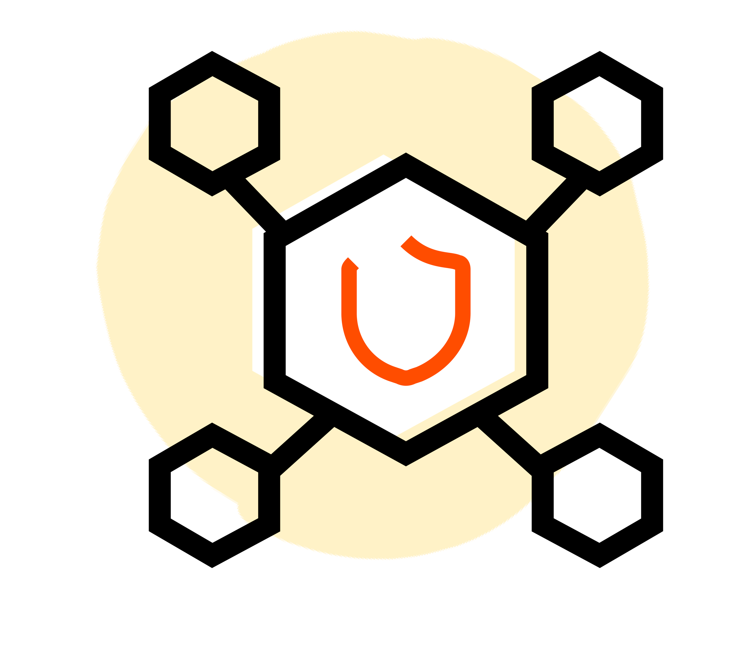 A stylized graphic of a honeycomb with a white hexagon at the center containing a red U-shaped symbol, surrounded by black hexagon outlines connected to the center, with a yellow circular background.