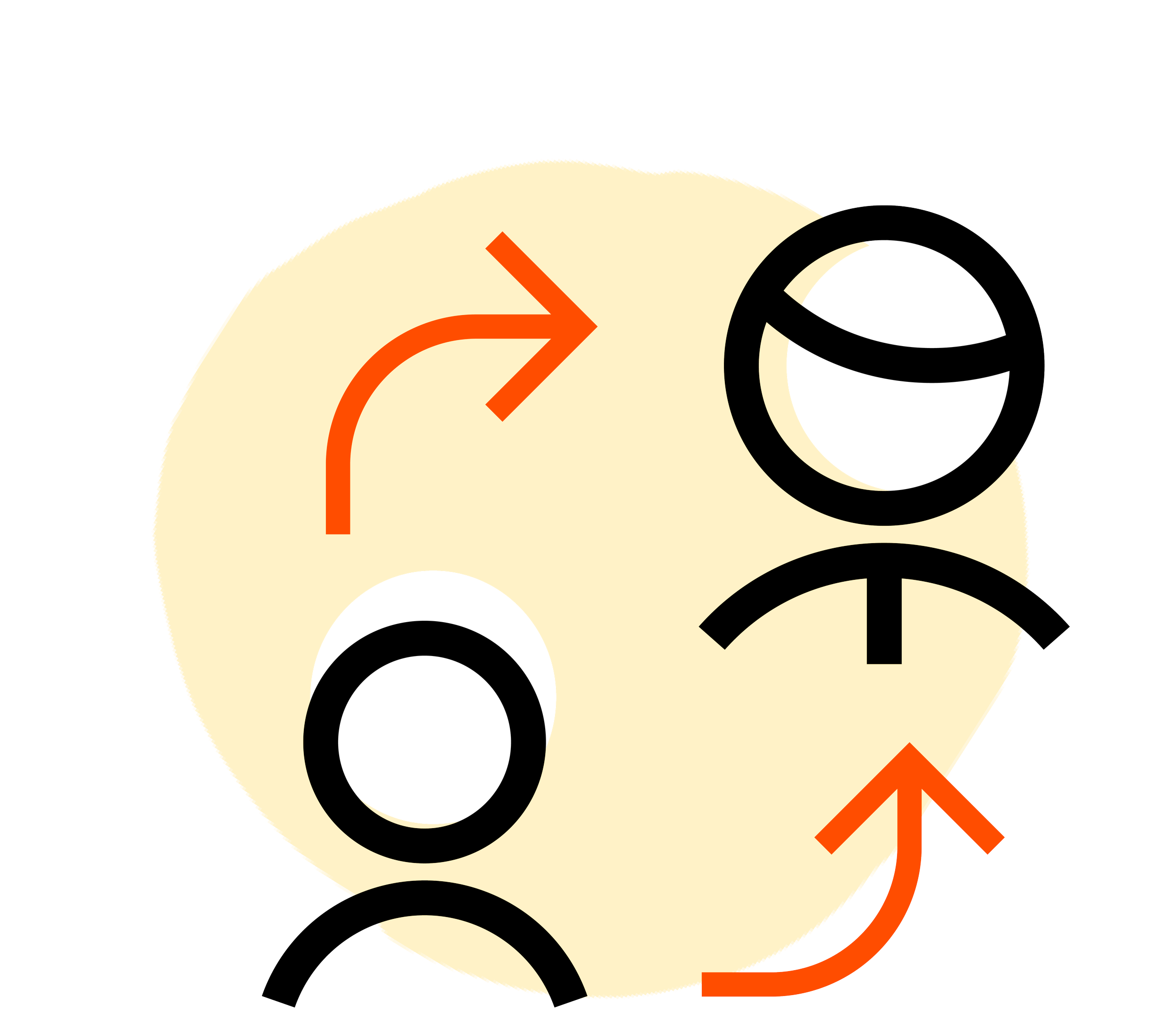 Diagram showing a cycle of a person turning right, another person turning left, with arrows indicating the directions and a yellow background.