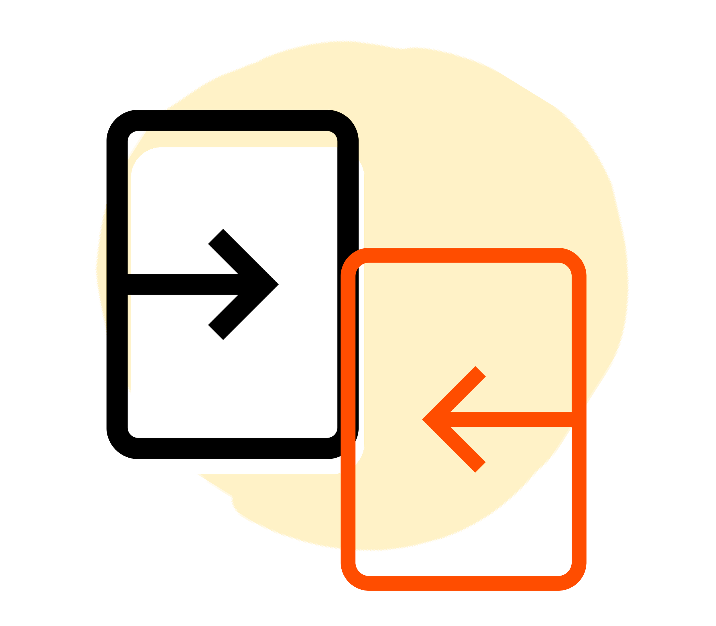 Two smartphone icons with arrow symbols: one black arrow pointing right inside a white phone outline, and one red arrow pointing left inside an orange phone outline, on a yellow circular background.