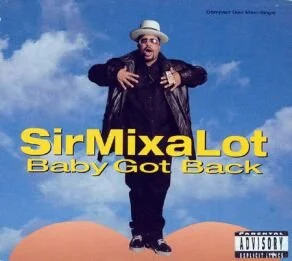 Album cover for Sir MixaLot's 'Baby Got Back' featuring a man in a leather jacket and hat standing on an orange hill against a blue sky with clouds.