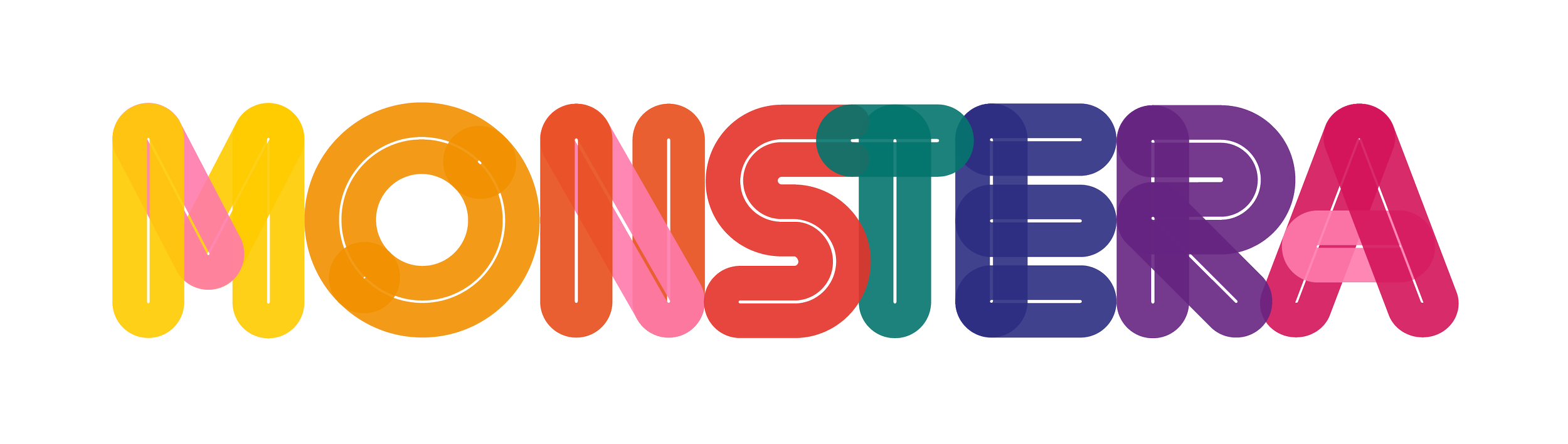 Colorful text spelling 'MONSTERA' with each letter in a different bright color