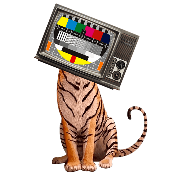 A cat with an old-fashioned television set as its head showing a test pattern with colored and black-and-white bars and a smiling face.