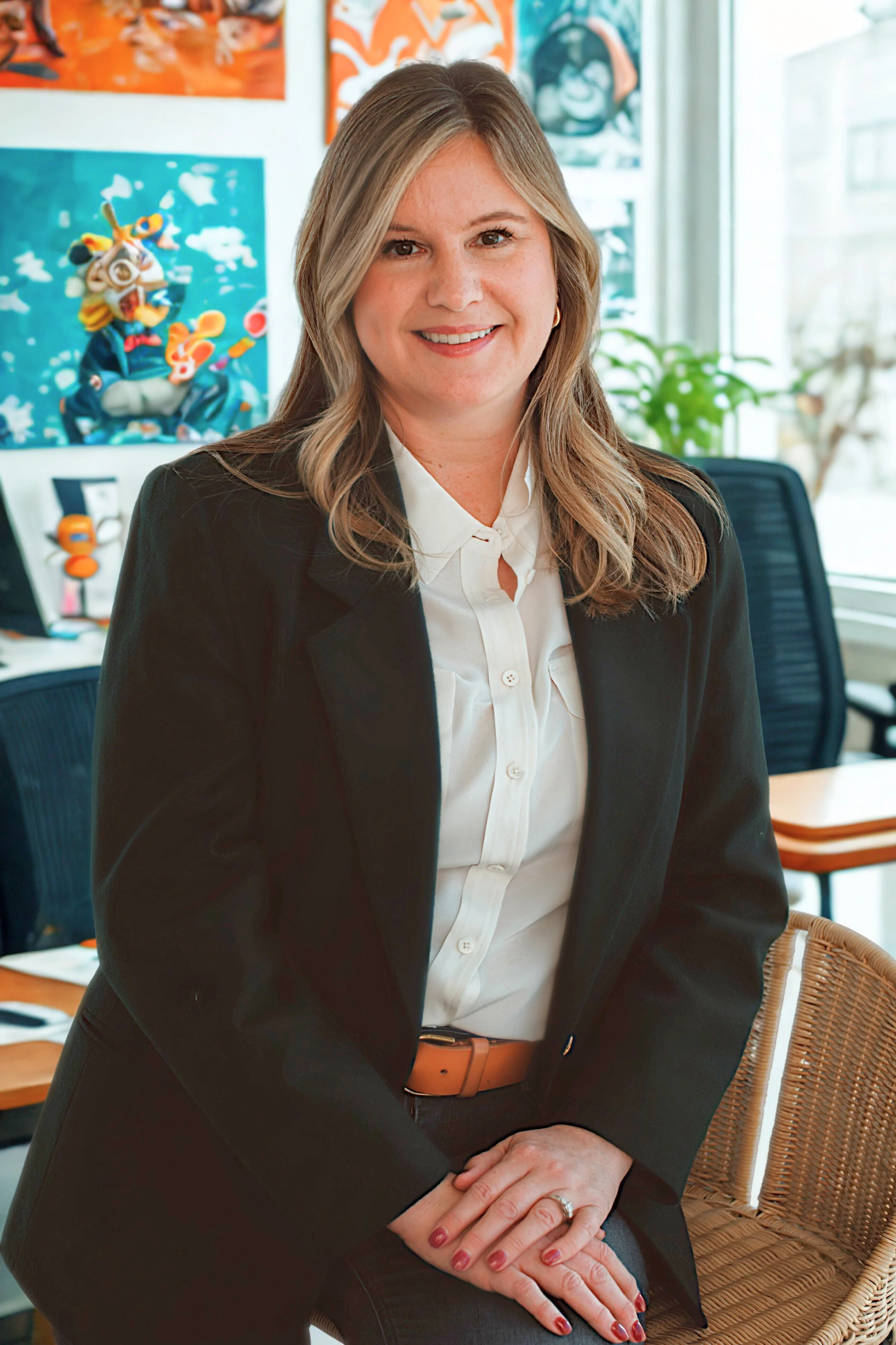 A woman with shoulder-length blonde hair, wearing a black blazer and white shirt, sitting in an office with colorful artwork on the wall behind her.