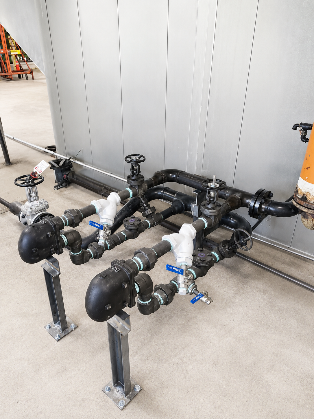 Industrial boiler system with interconnected pipes, valves, and control panels in a mechanical room.