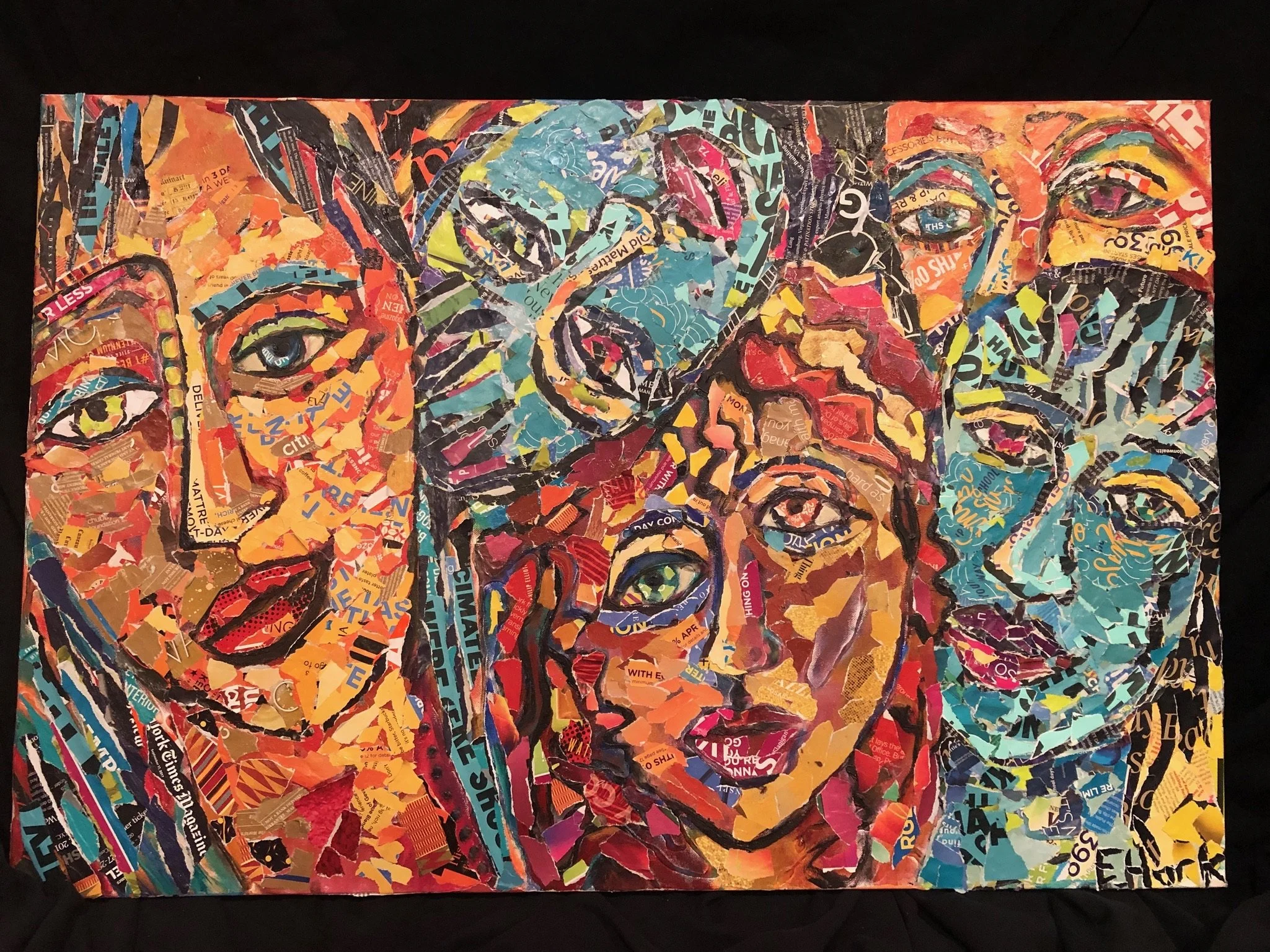 Colorful collage portrait of four faces made from torn pieces of magazine and newspaper clippings.