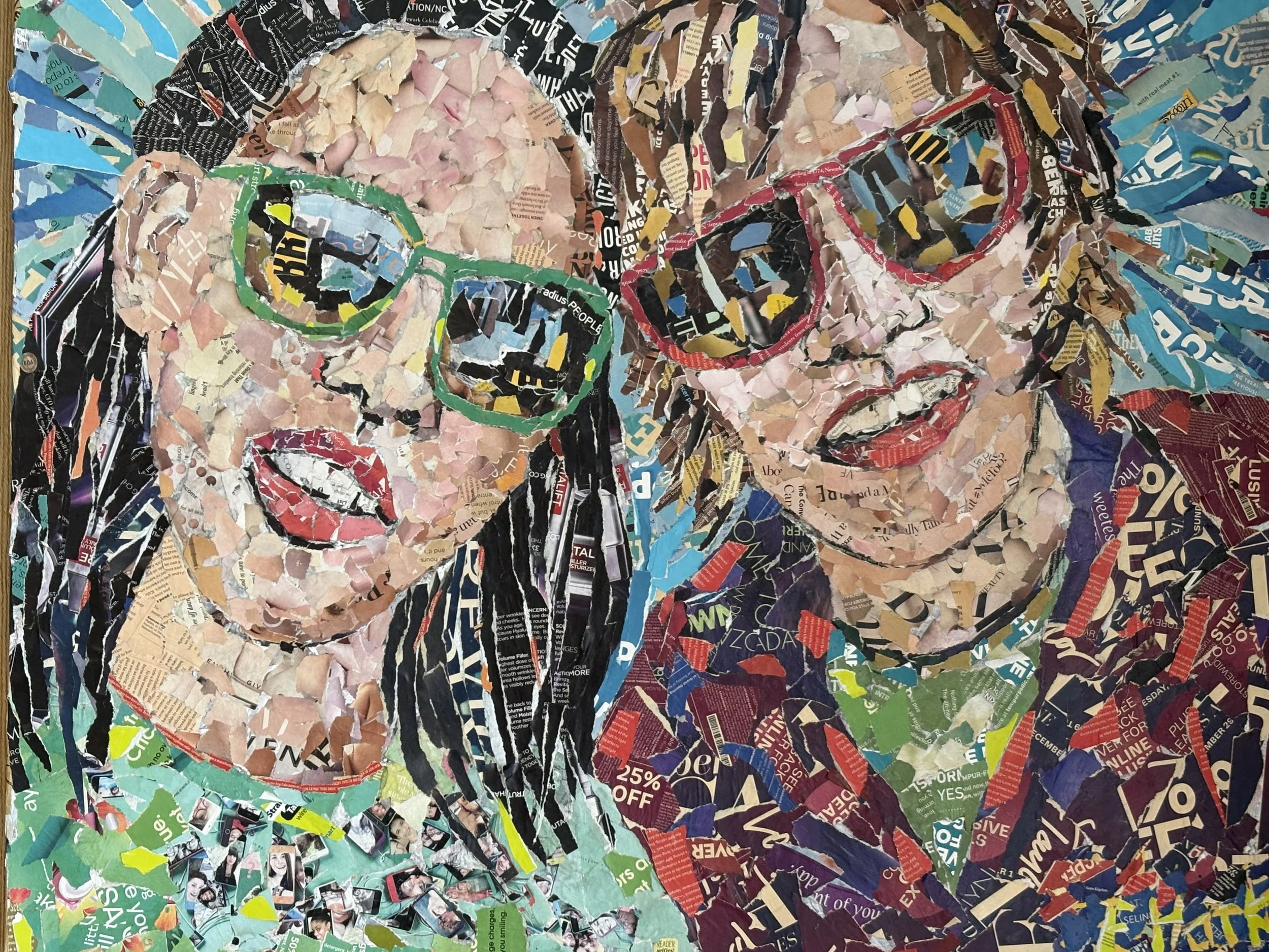Collage of torn magazine and newspaper pieces forming a portrait of two women wearing glasses.