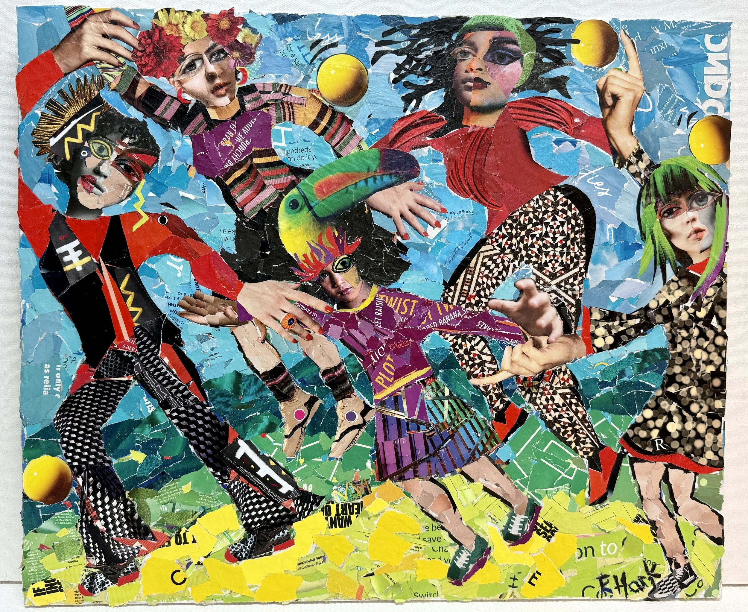A collage artwork featuring four women with vibrant, abstract, and colorful elements. The collage includes cutouts of faces, hands, and clothing, with a background of torn blue paper, yellow shapes, and various text snippets. The women are posed dynamically, with expressive gestures and eclectic clothing styles, accented with artistic accessories like a toucan and planets.