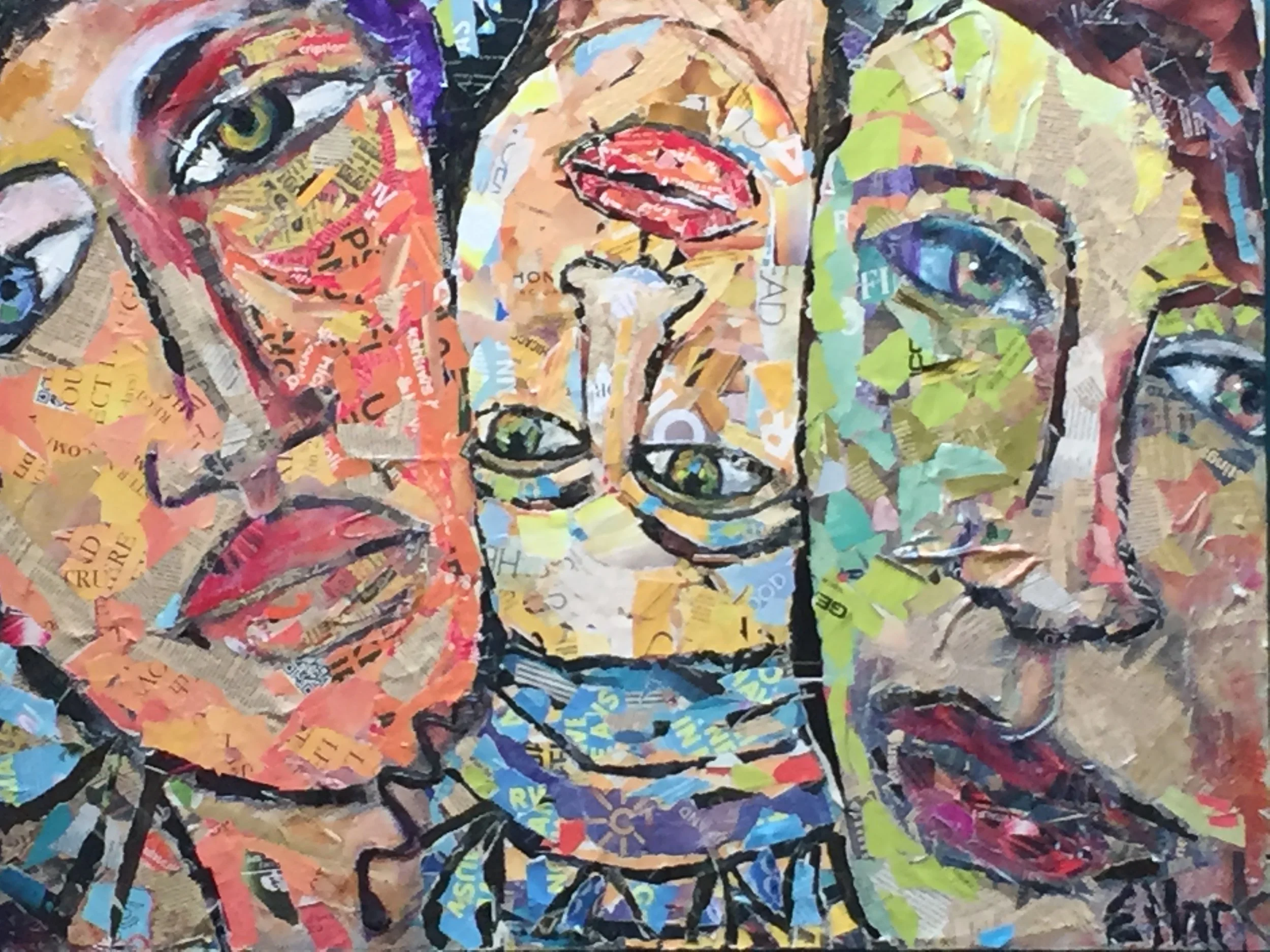 A collage portrait of multiple faces made from torn pieces of colorful paper, with prominent facial features like eyes, lips, and noses outlined in black ink.