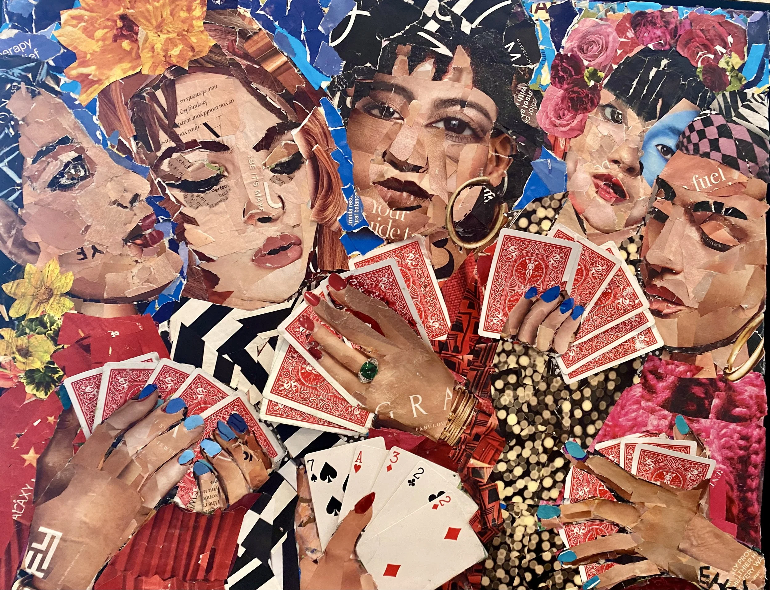 Collage artwork made from torn magazine and newspaper pieces featuring faces of women, playing cards, and colorful patterns.