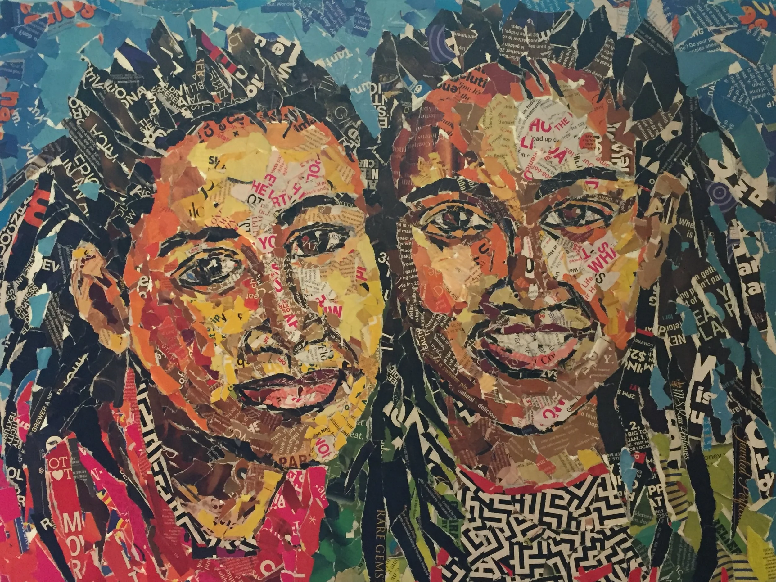 A collage of cut-out magazine or newspaper pieces forming a portrait of a man and a woman smiling.