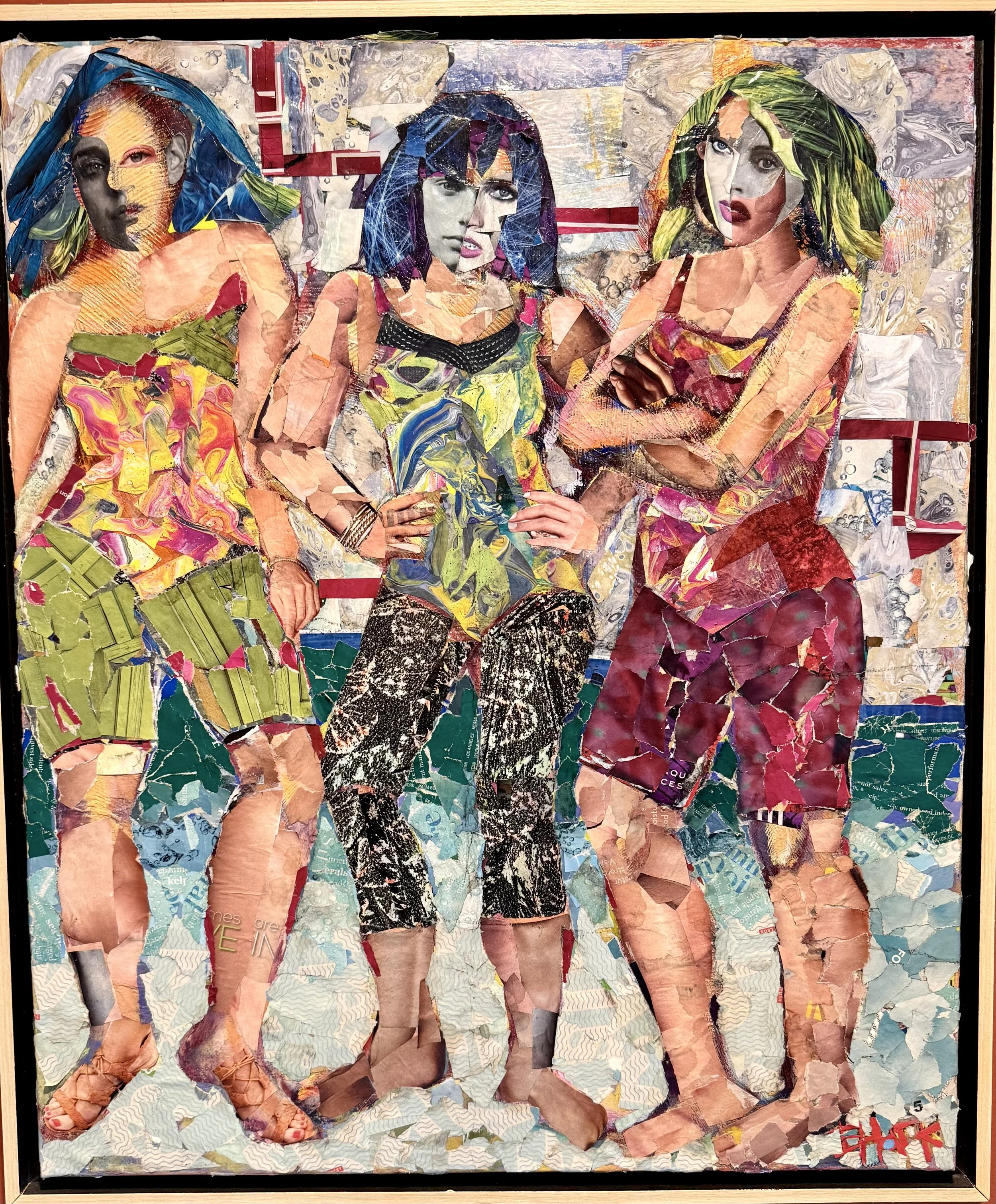 A collage artwork depicting three women in colorful clothing, with layered torn paper and magazine cutouts creating a textured, abstract appearance.