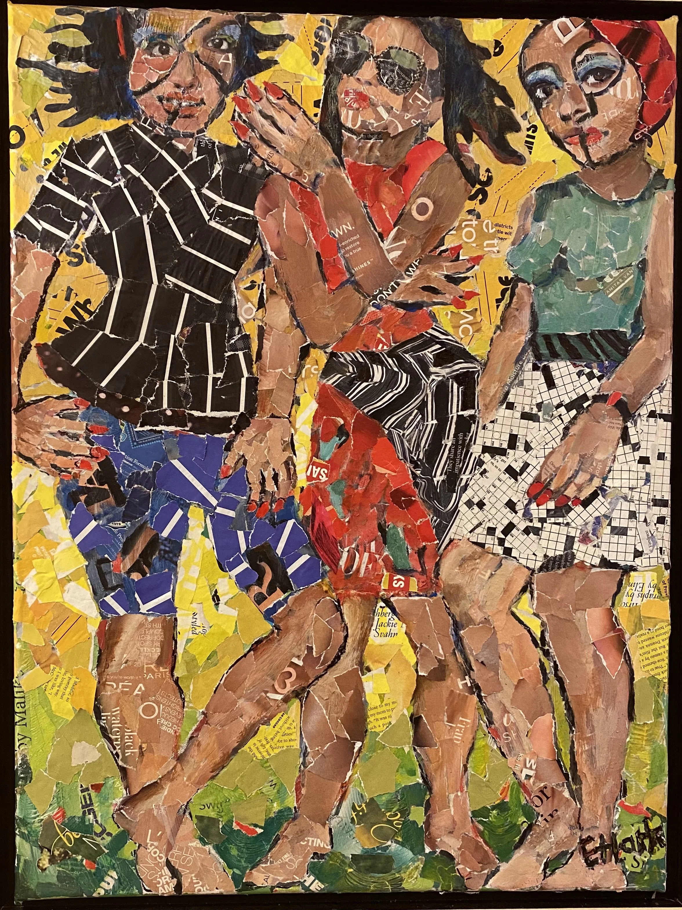 Collage artwork of three women standing close together, made from torn magazine pages. The first woman on the left has dark hair and is wearing a black and white striped top with bright yellow and purple patterned shorts. The woman in the middle has dark hair and is dressed in a red top with black and white striped pants, holding her hand to her face. The third woman on the right has dark hair with a red headscarf, wearing a green top and a black and white patterned skirt. They are against a background of torn yellow, green, and other colored paper.