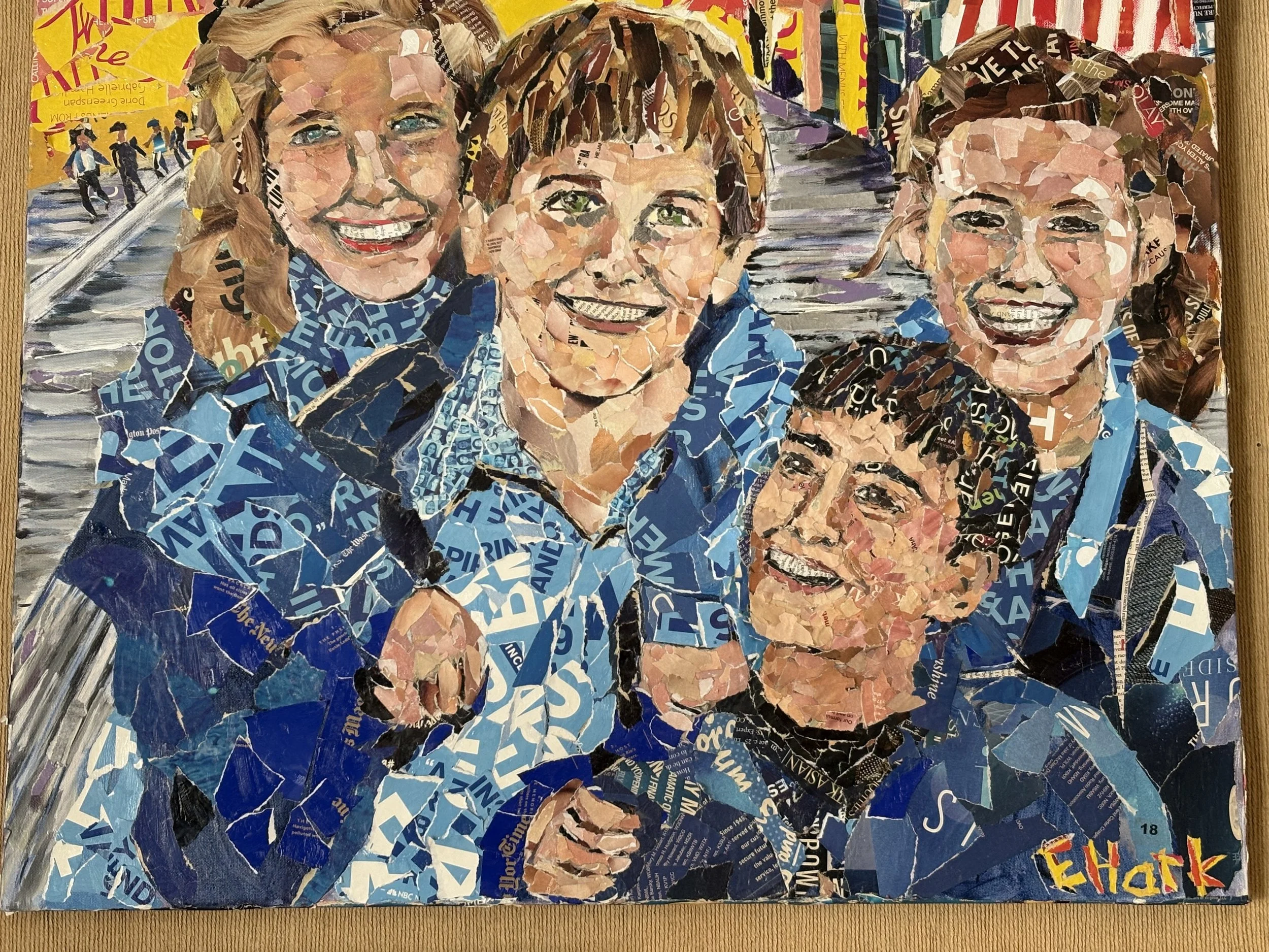 Collage of five smiling women created from torn pieces of blue and multicolored paper, with a background featuring public transportation, and the word 'Ehart' in the bottom right corner.