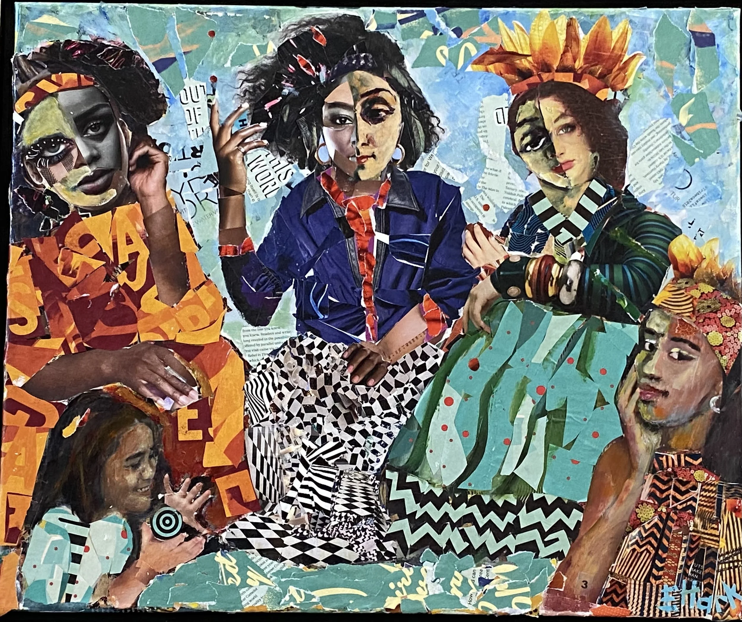 A collage artwork featuring five women made from cut-out magazine and newspaper pieces, with vibrant colors and various patterns on their clothing and backgrounds.