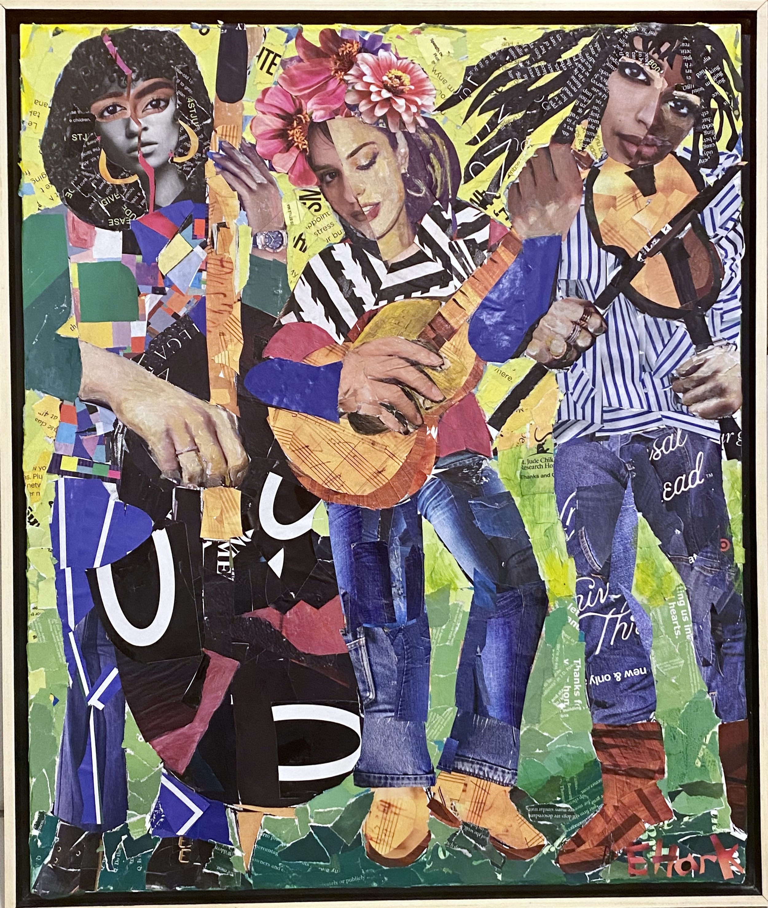 Collage of three women playing musical instruments, including a guitar, ukulele, and violin, made from cut-out magazine and newspaper pieces.