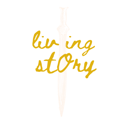 Design featuring a sword vertically through the words "living story" in gold on a transparent background.