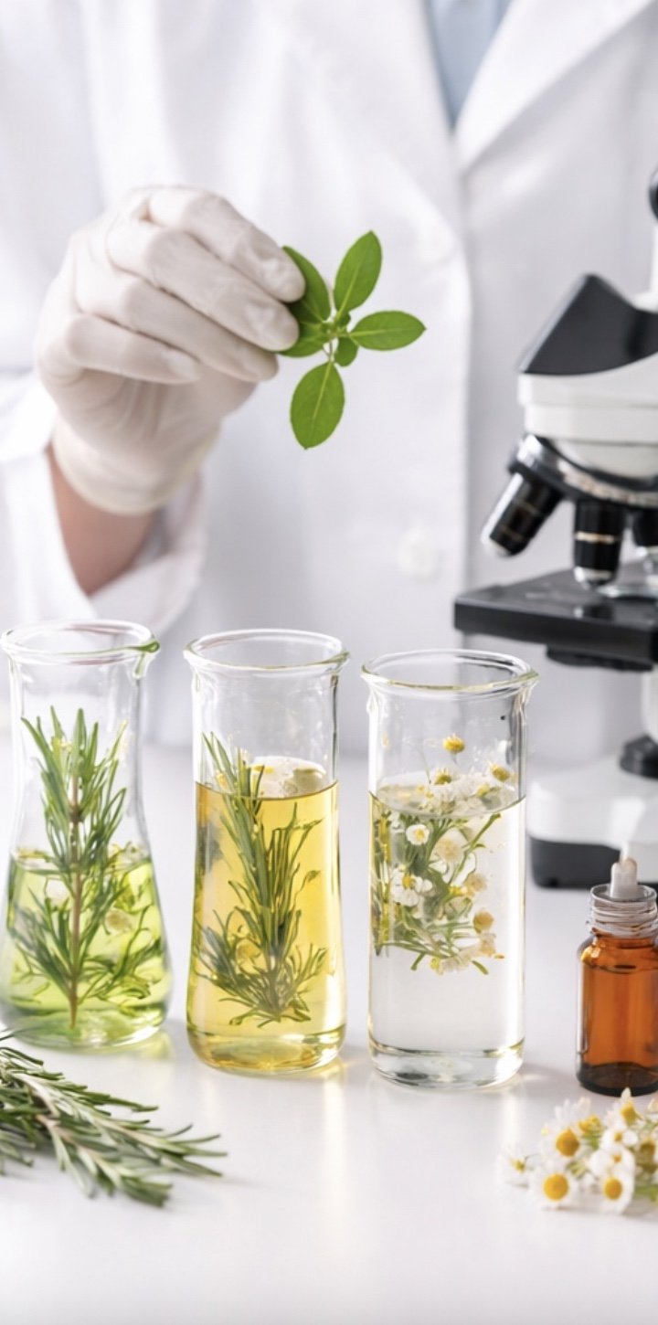 Scientist holding a sprig of green leaves next to three glass beakers filled with herbal infusions and flowers, with a microscope and small bottle in the background on a white surface.