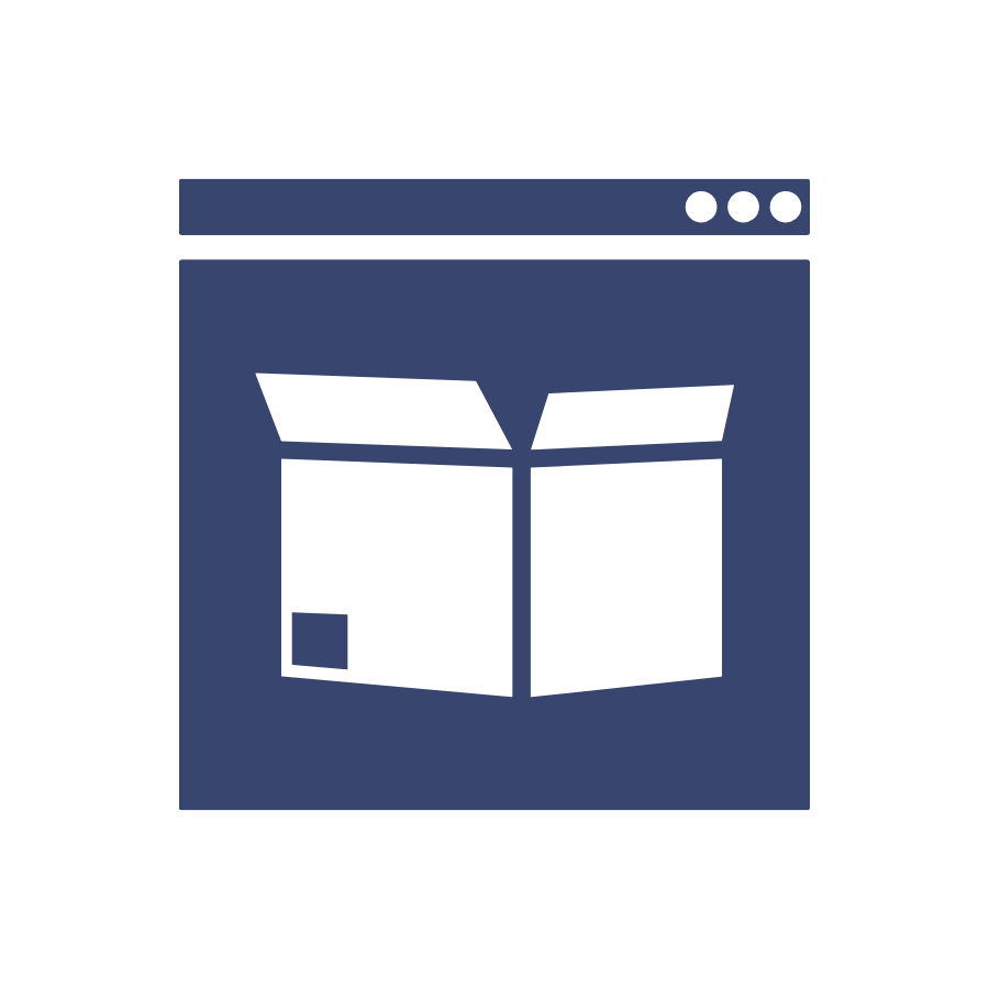 Icon of a web browser window with a box representing an online shopping cart or package.
